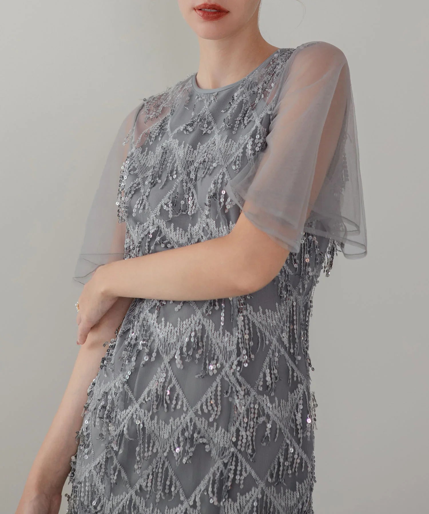 当日発送】チュールスリーブスパンコールマーメイドワンピースドレス