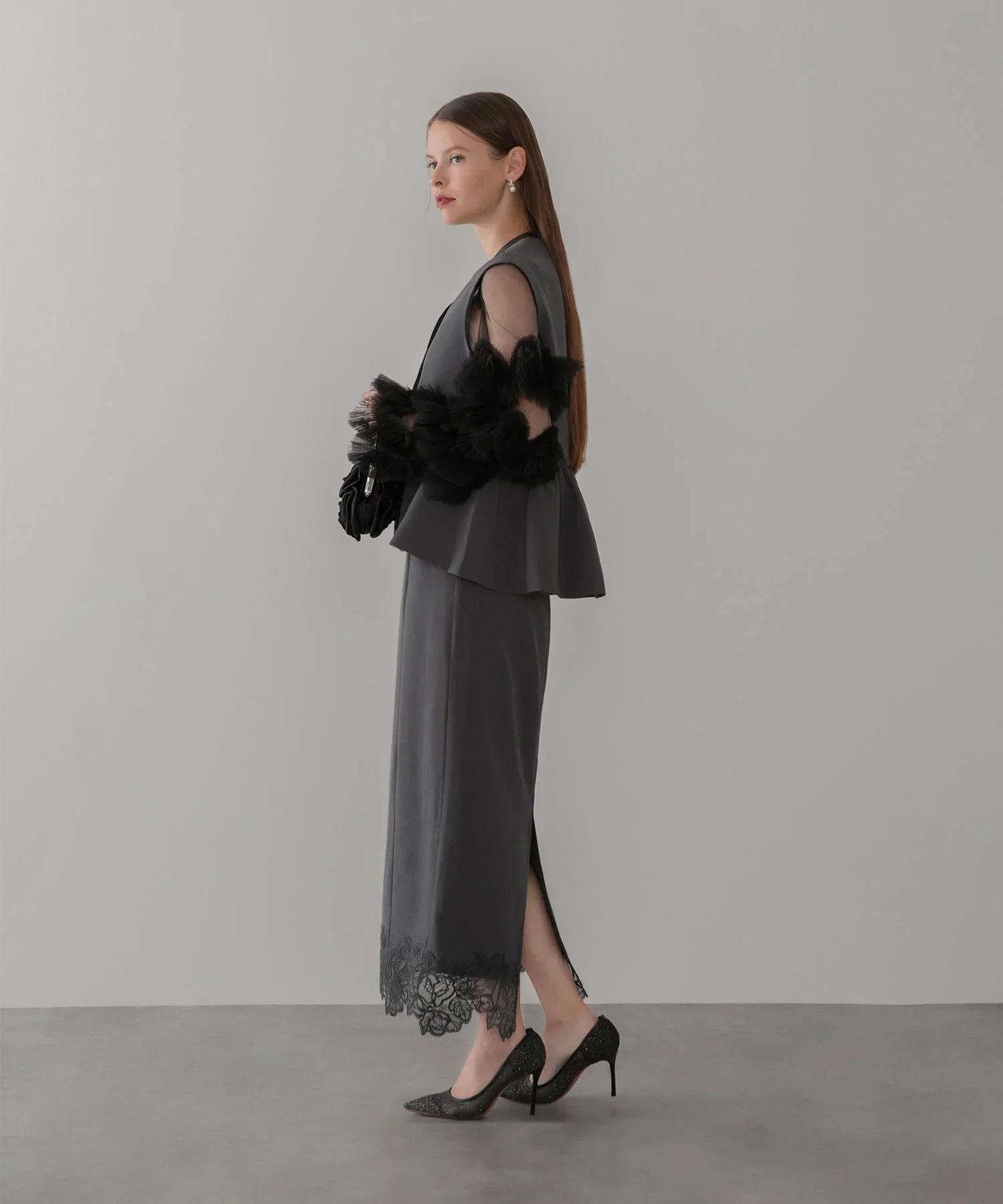 【当日発送】チュールフリルスリーブベストセットワンピースドレス