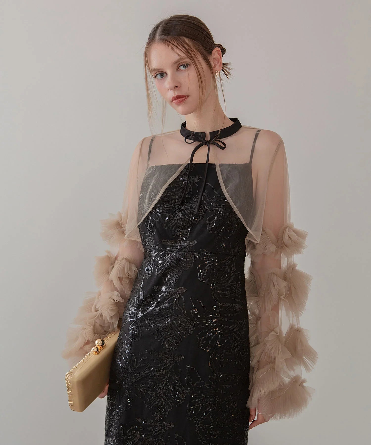 一部当日発送】フリルチュールスリーブリボンIラインワンピースドレス