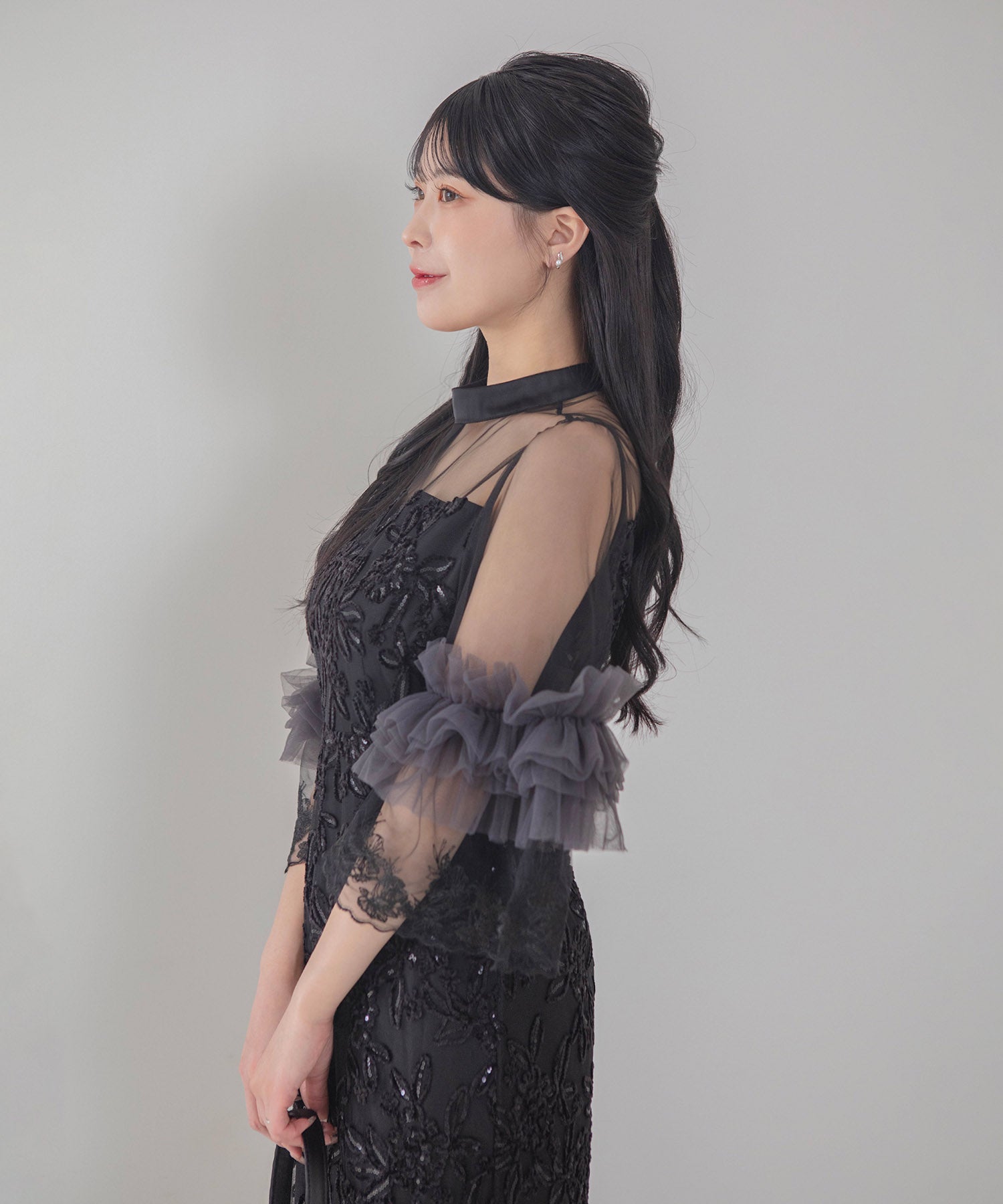 【COMING SOON】シアーチュールフラワーレースIラインワンピースドレス