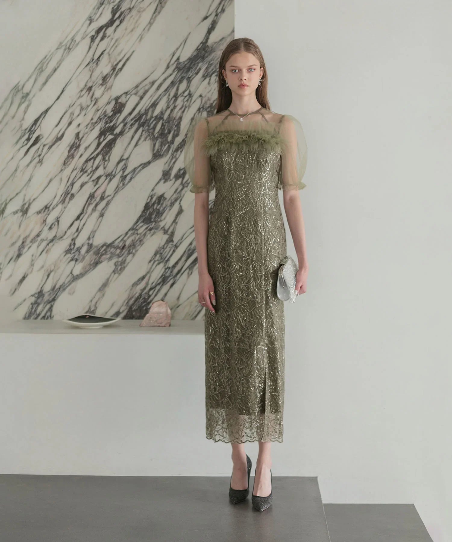 【当日発送】チュールフラワースパンコールIラインワンピースドレス