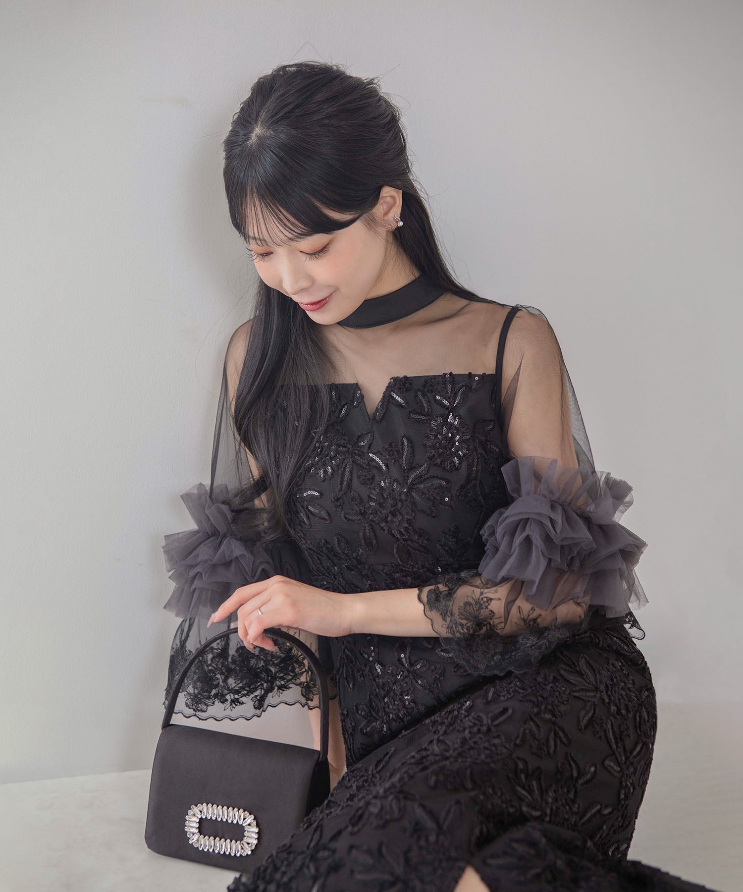 【COMING SOON】シアーチュールフラワーレースIラインワンピースドレス