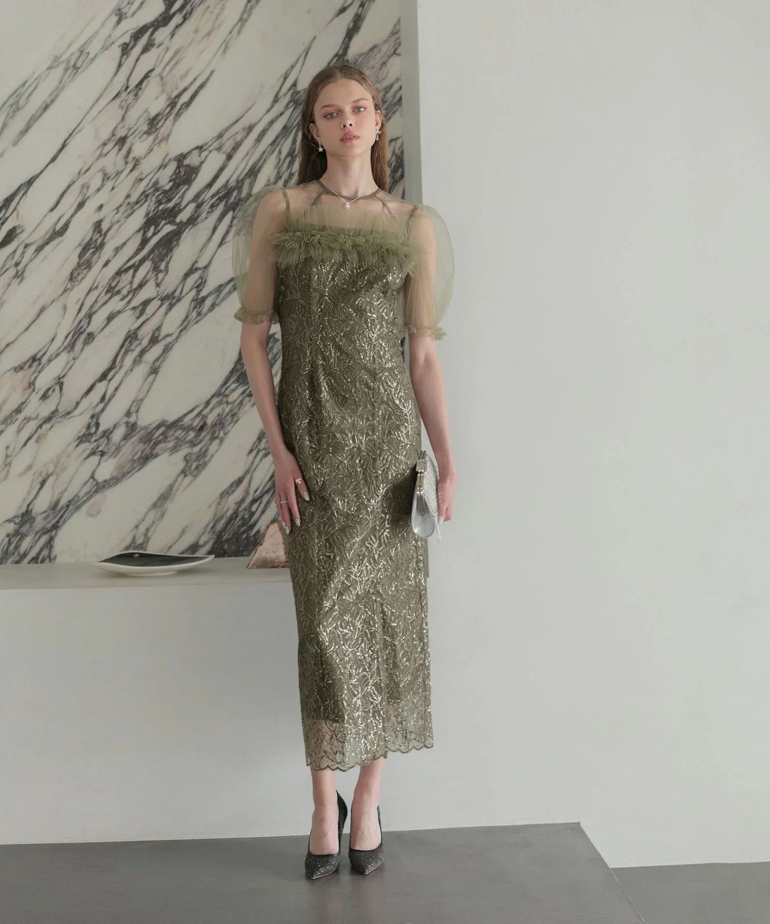 【当日発送】チュールフラワースパンコールIラインワンピースドレス