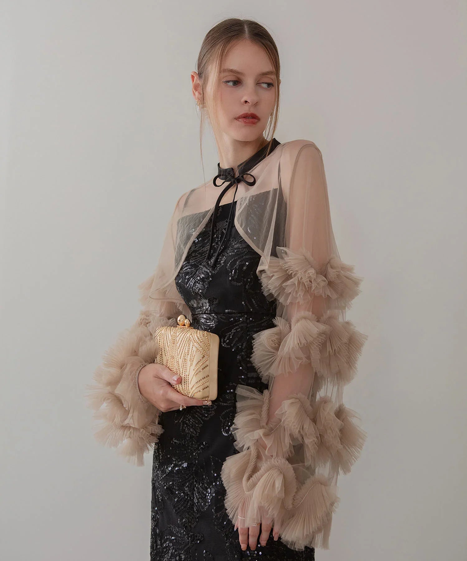 【一部当日発送】フリルチュールスリーブリボンIラインワンピースドレス