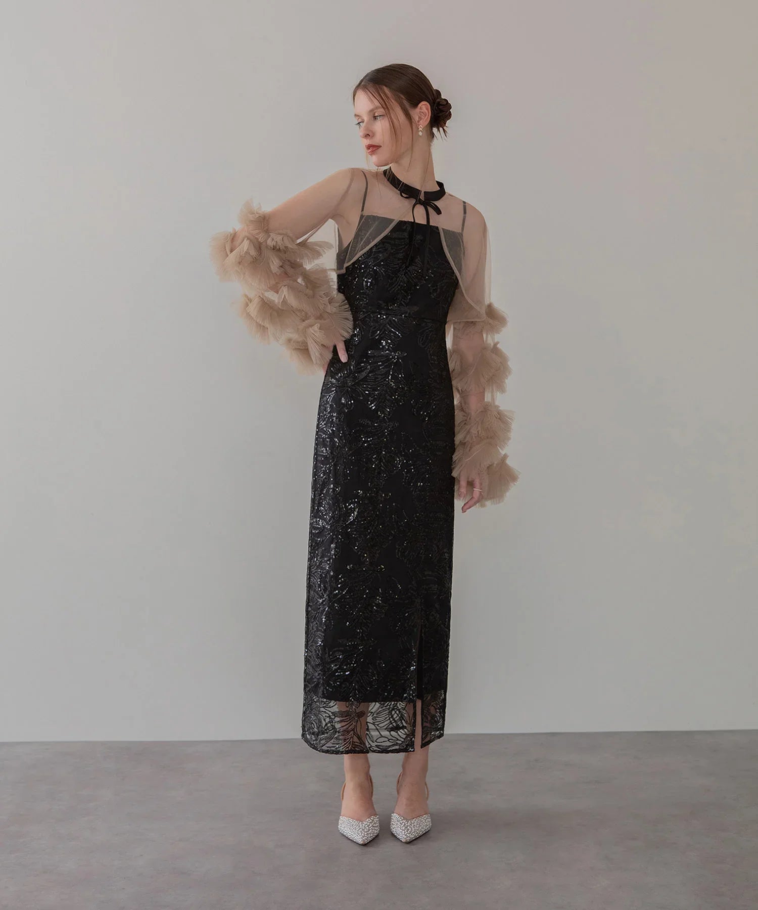 一部当日発送】フリルチュールスリーブリボンIラインワンピースドレス