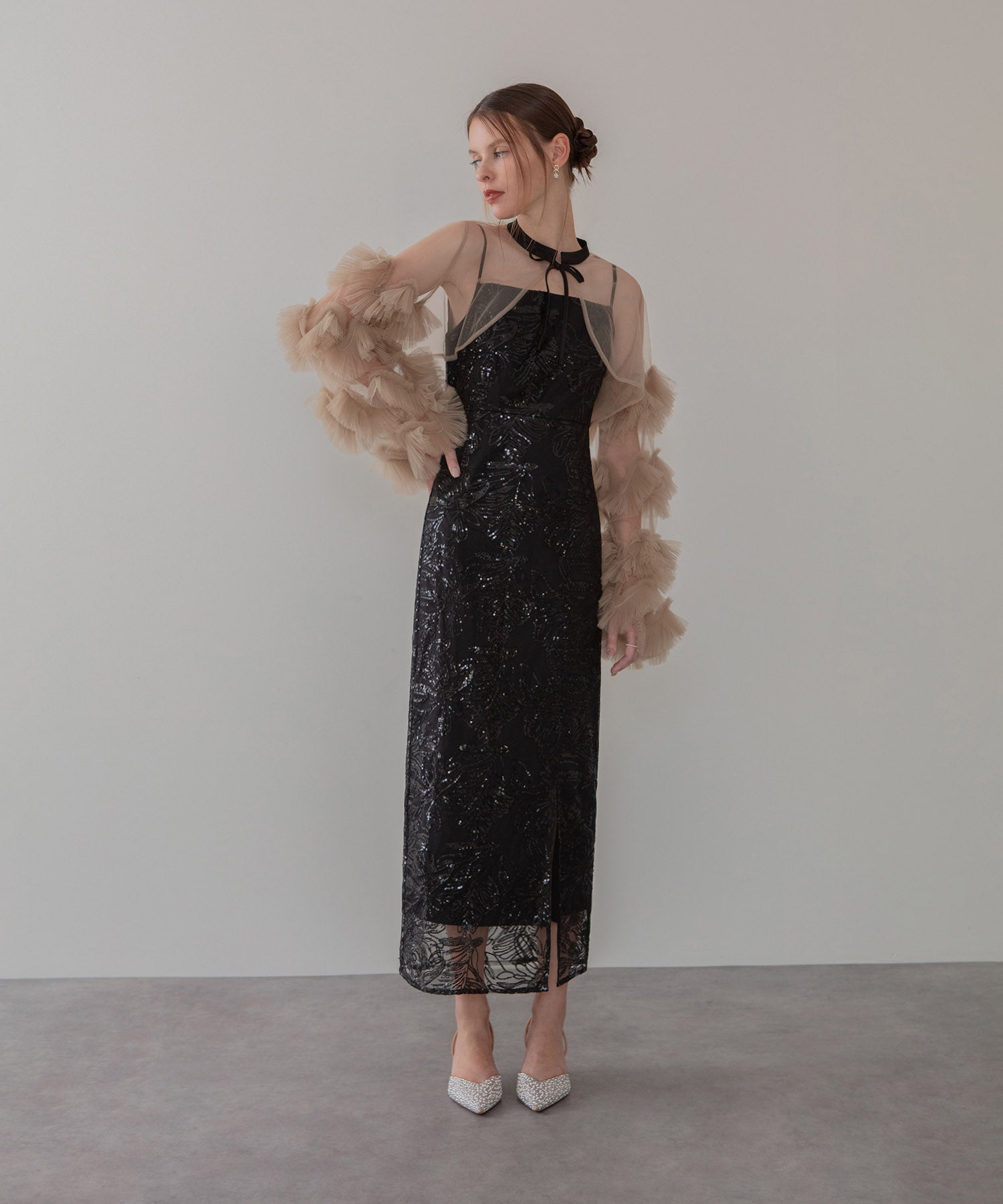 【一部当日発送】フリルチュールスリーブリボンIラインワンピースドレス