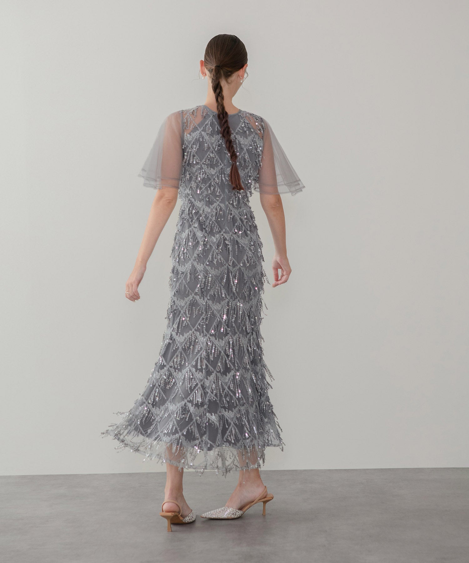 【当日発送】チュールスリーブスパンコールマーメイドワンピースドレス