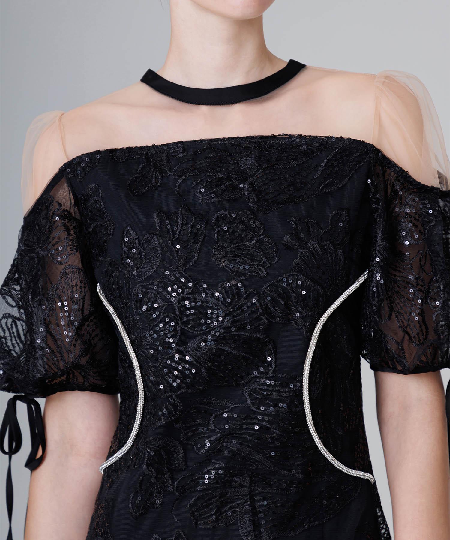 【SOLD OUT】スパンコールウエストデザインIラインワンピースドレス