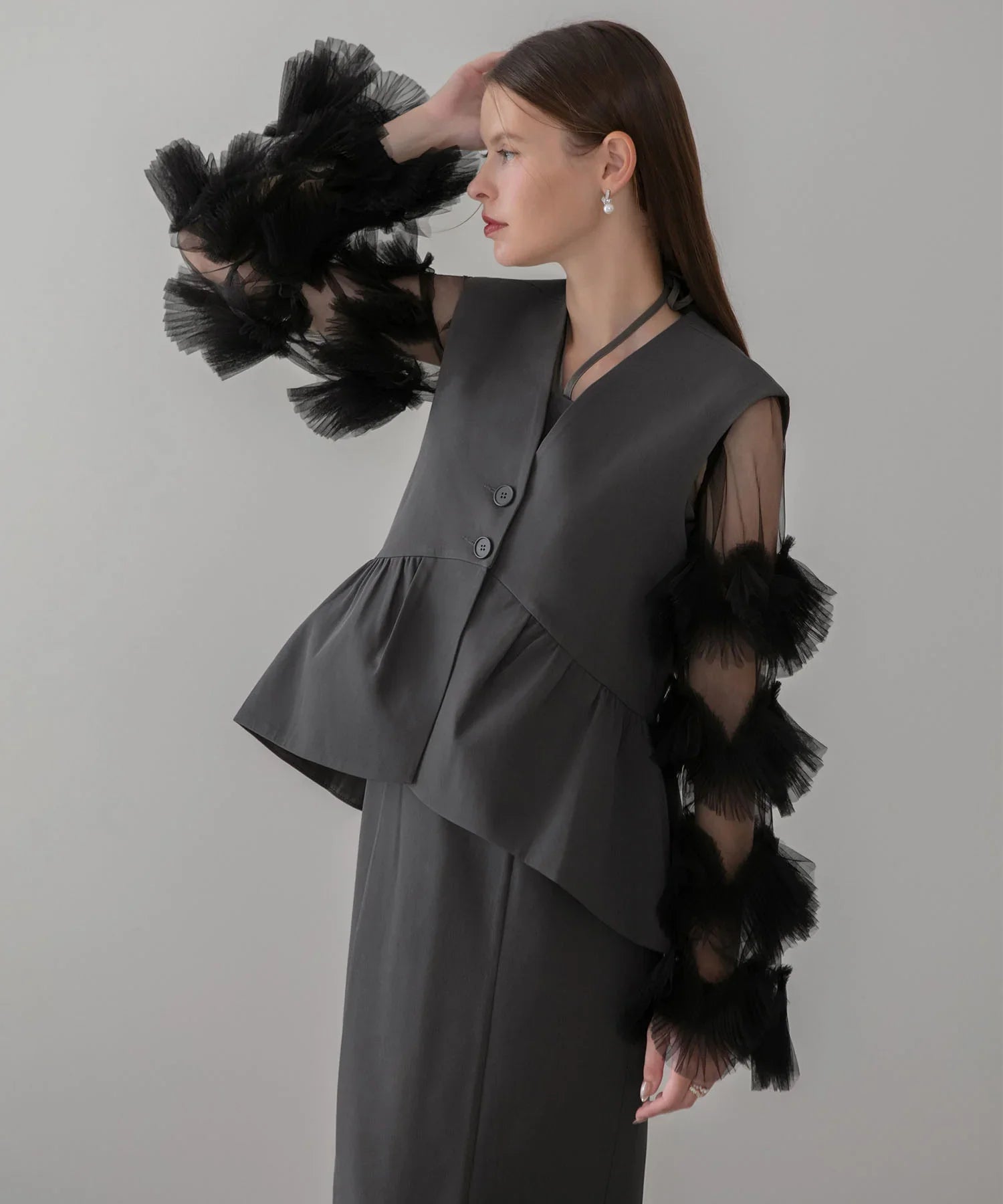 【当日発送】チュールフリルスリーブベストセットワンピースドレス