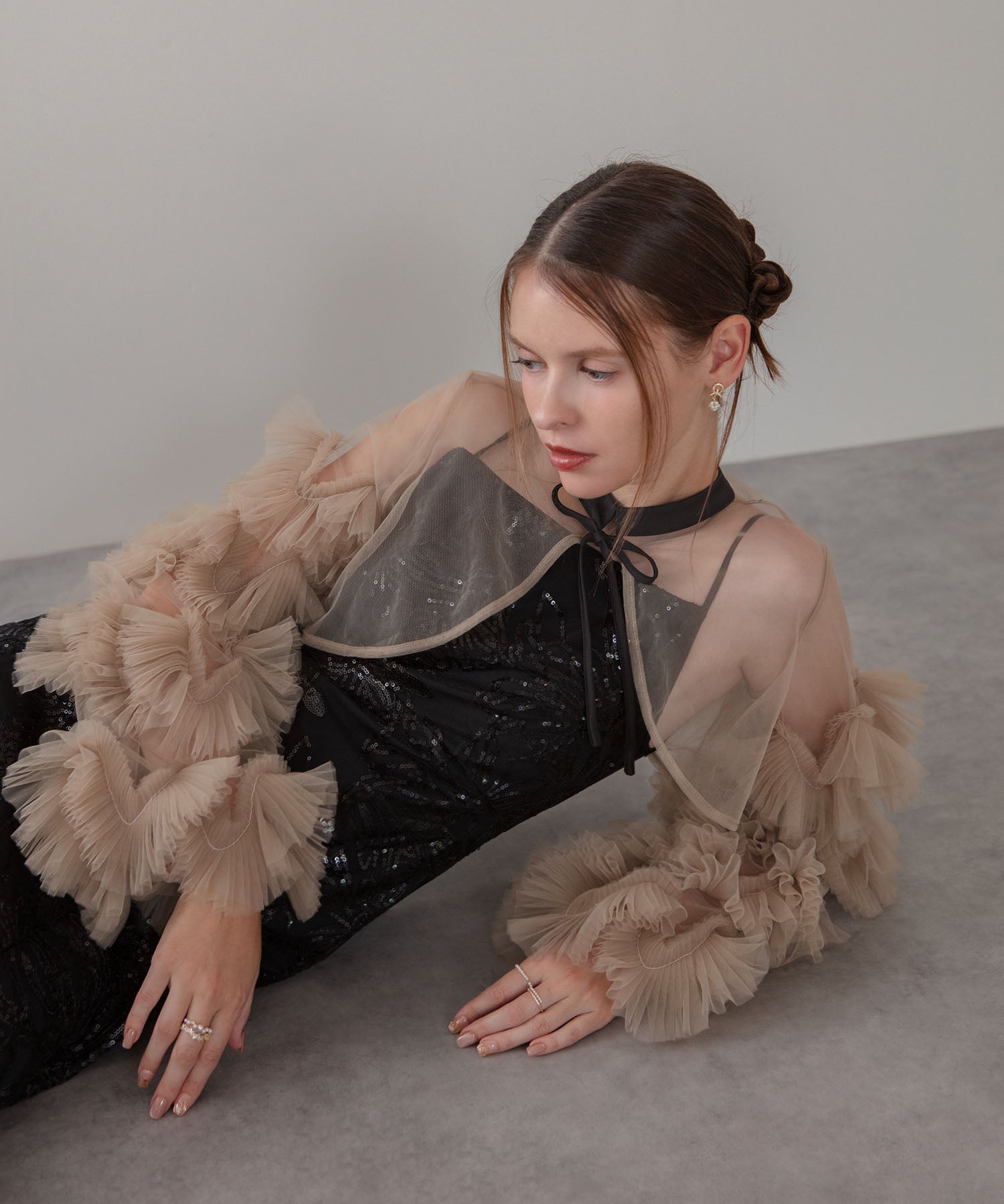 【一部当日発送】フリルチュールスリーブリボンIラインワンピースドレス