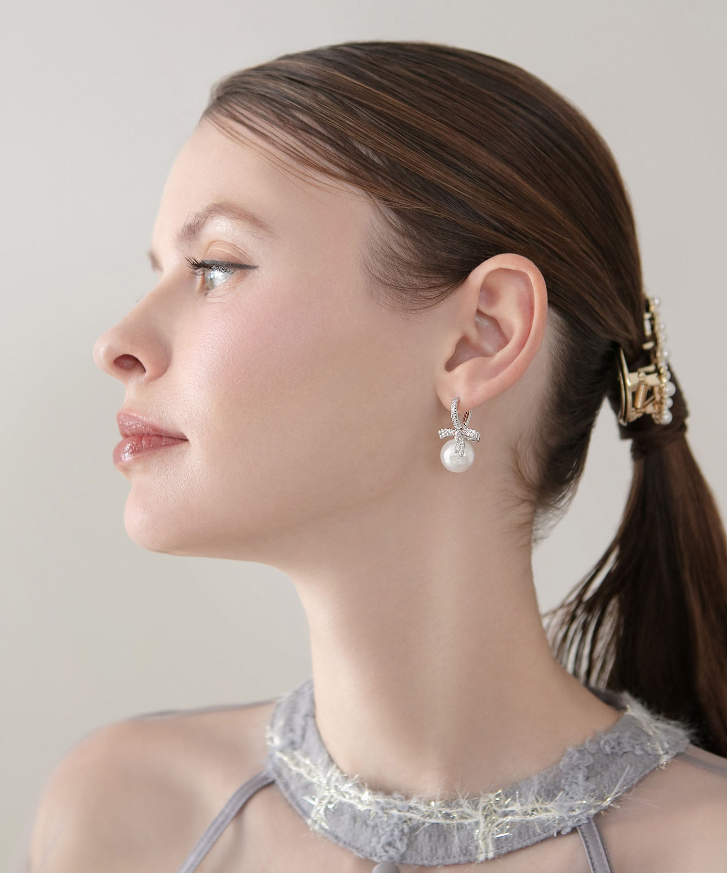 【当日発送】ビジューリボンパールピアス