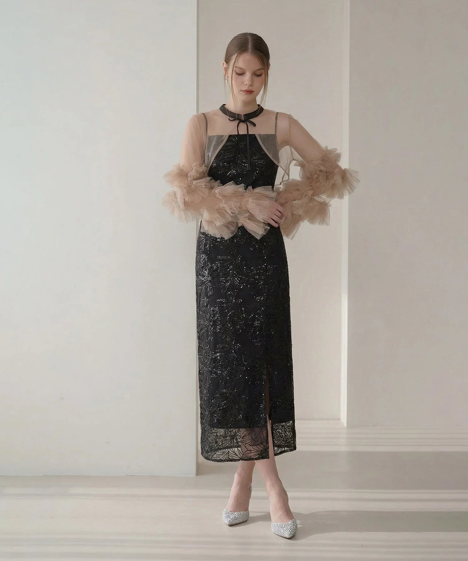 【一部当日発送】フリルチュールスリーブリボンIラインワンピースドレス