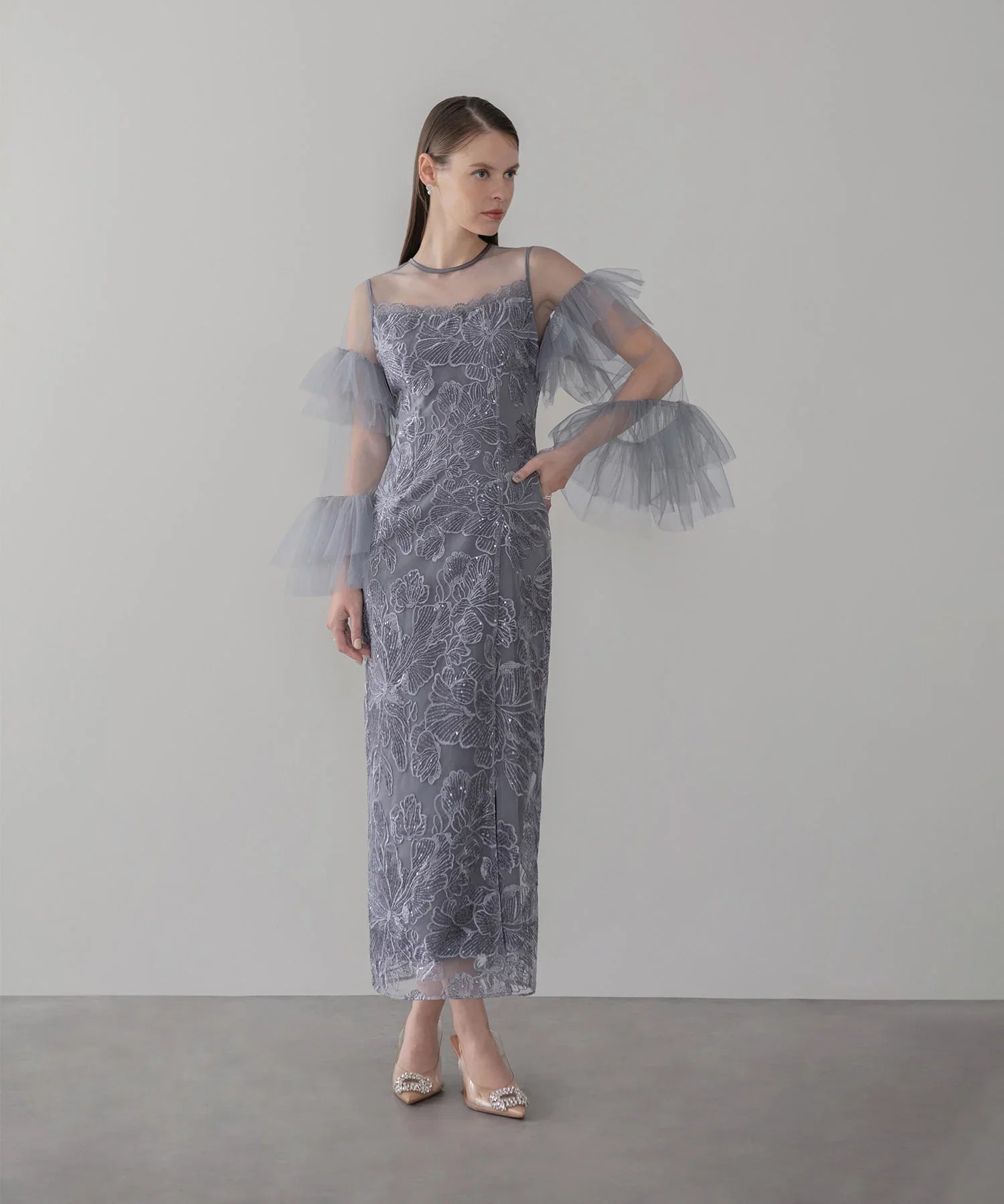 当日発送】フリルチュールスリーブレースIラインワンピースドレス