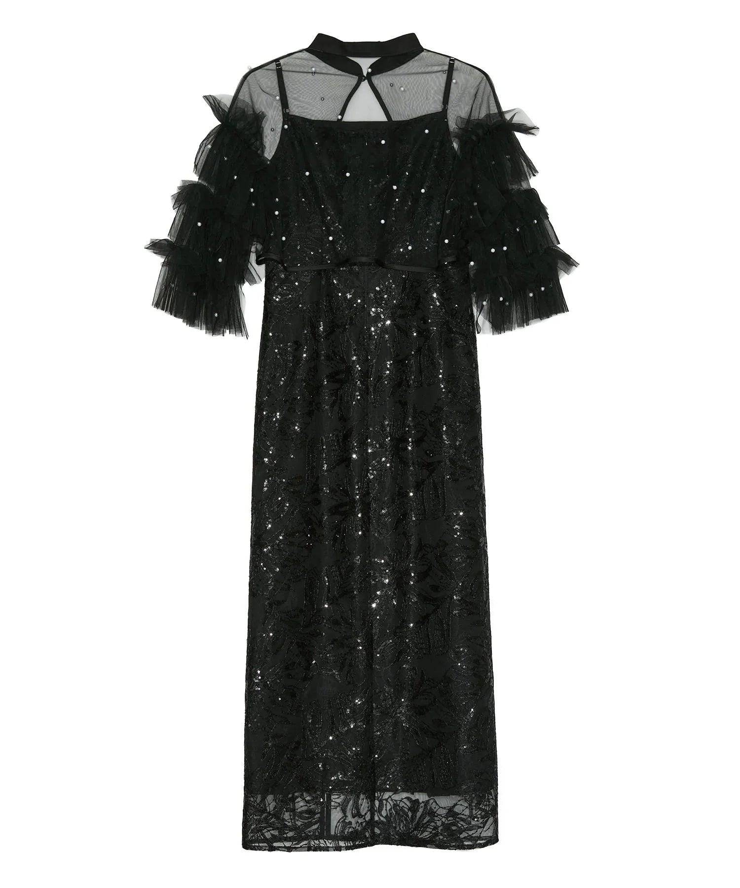 SOLD OUT】パールフリルチュールボレロレイヤードIラインワンピースドレス