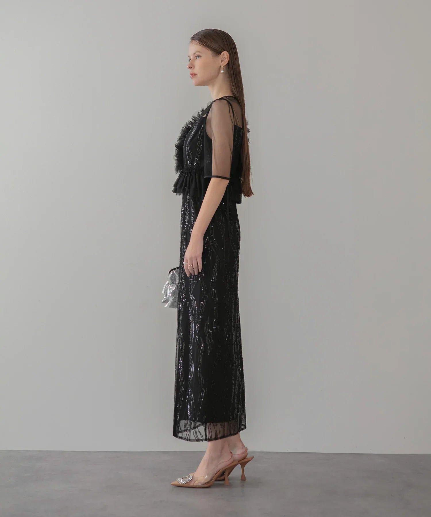 当日発送】アシンメトリーフリルチュールIラインワンピースドレス