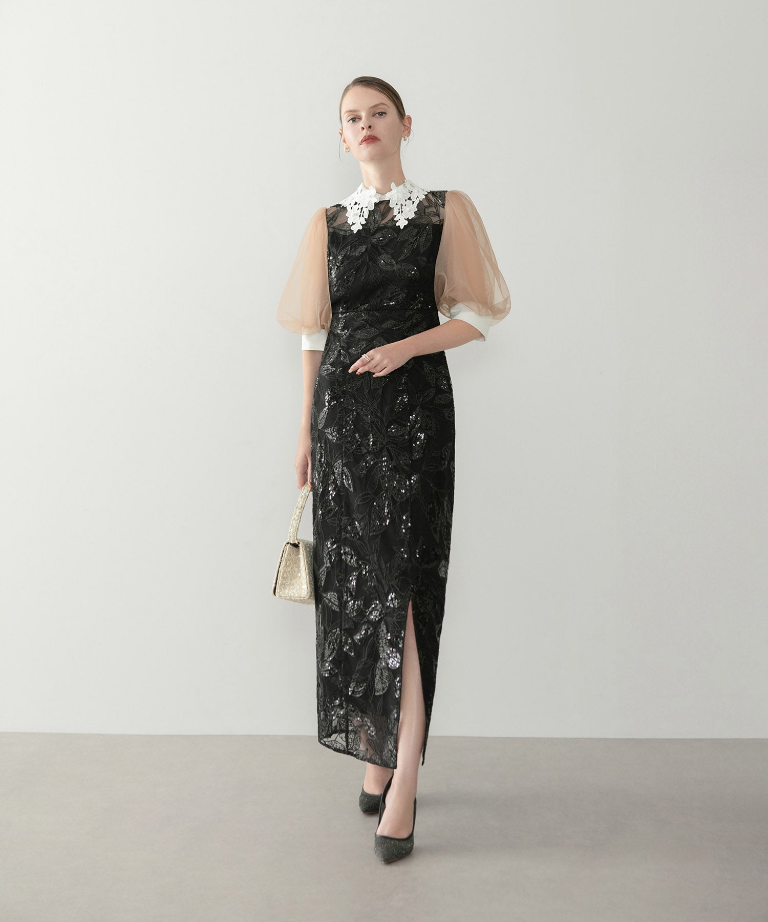 【当日発送】レースカラーリーフスパンコールパフスリーブIラインワンピースドレス