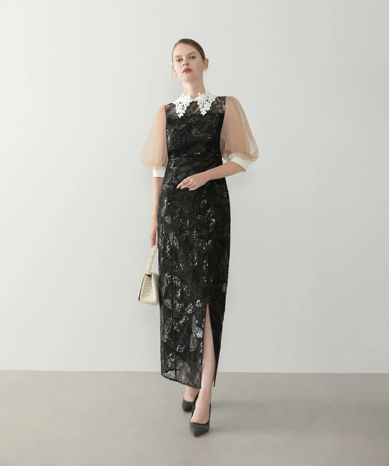 【一部当日発送】レースカラーリーフスパンコールパフスリーブIラインワンピースドレス