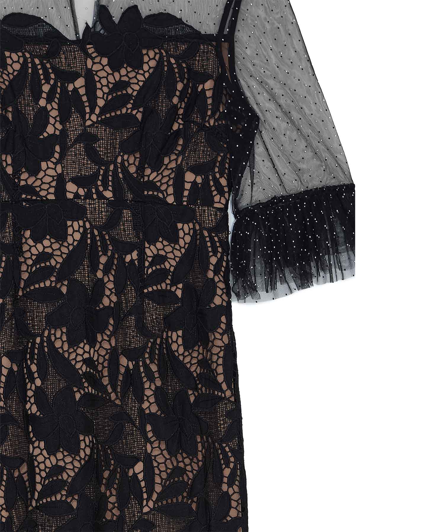 【leja】チュールフラワーモチーフドットストーンIラインワンピースドレス S 一部当日発送】チュールフラワーモチーフドットストーンIライン