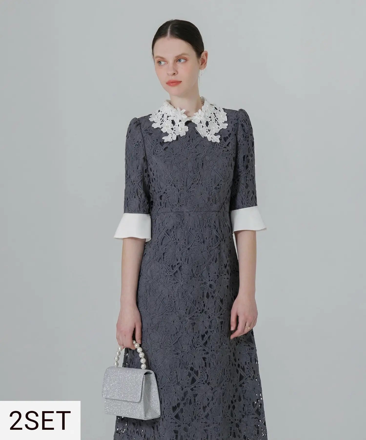 【低身長向け2点セット】花柄レースカラードレス+2WAYグリッターバッグ