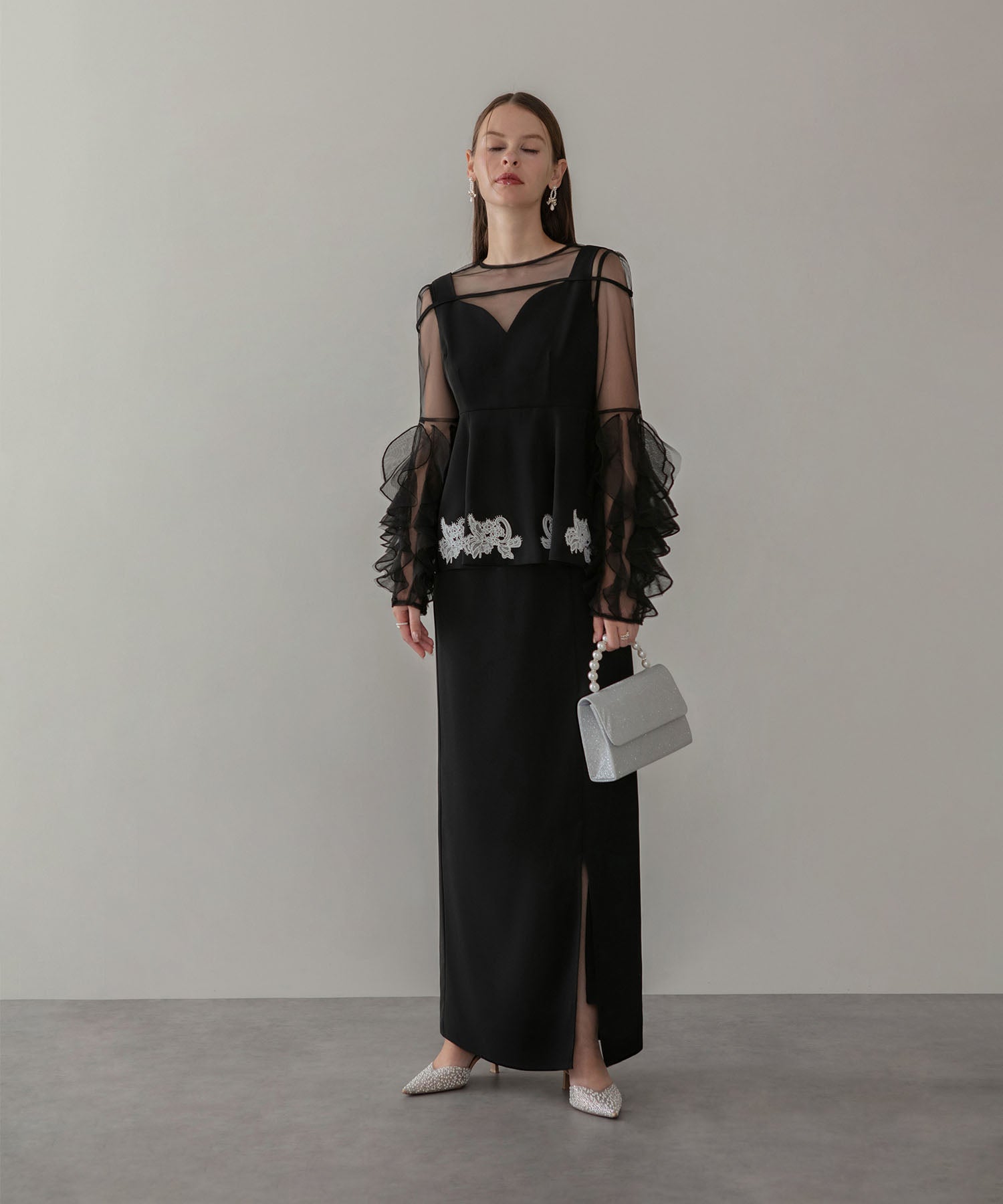 レース柄スカート・ラグランスリーブトップスセット COMING SOON】シアースリーブフリルペプラムタイトスカート