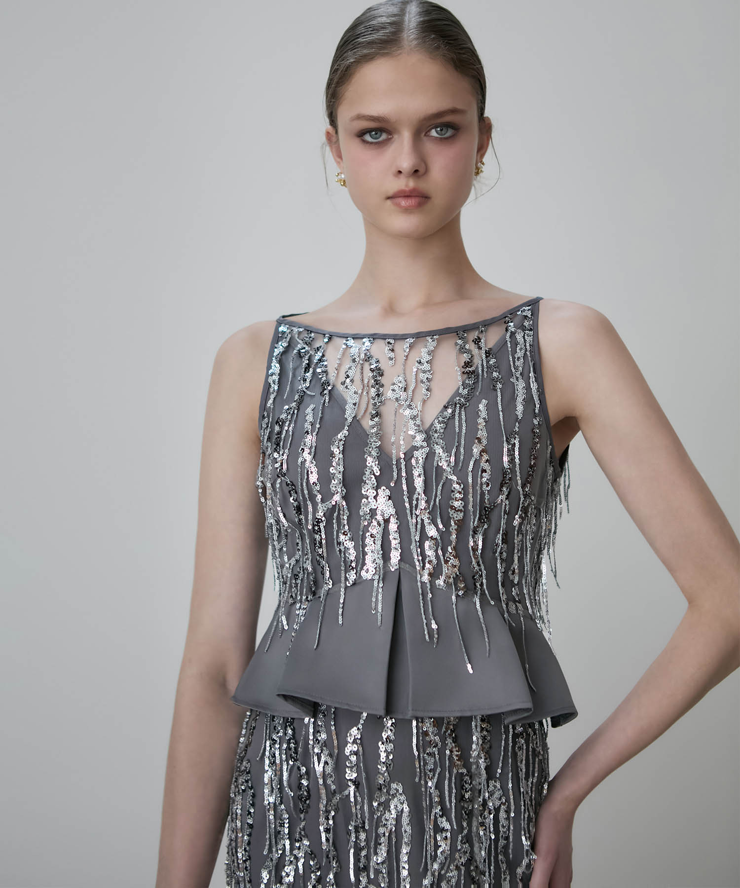 【LEJA LUXE】シルバーフリンジスパンコールペプラムマーメイドドレス