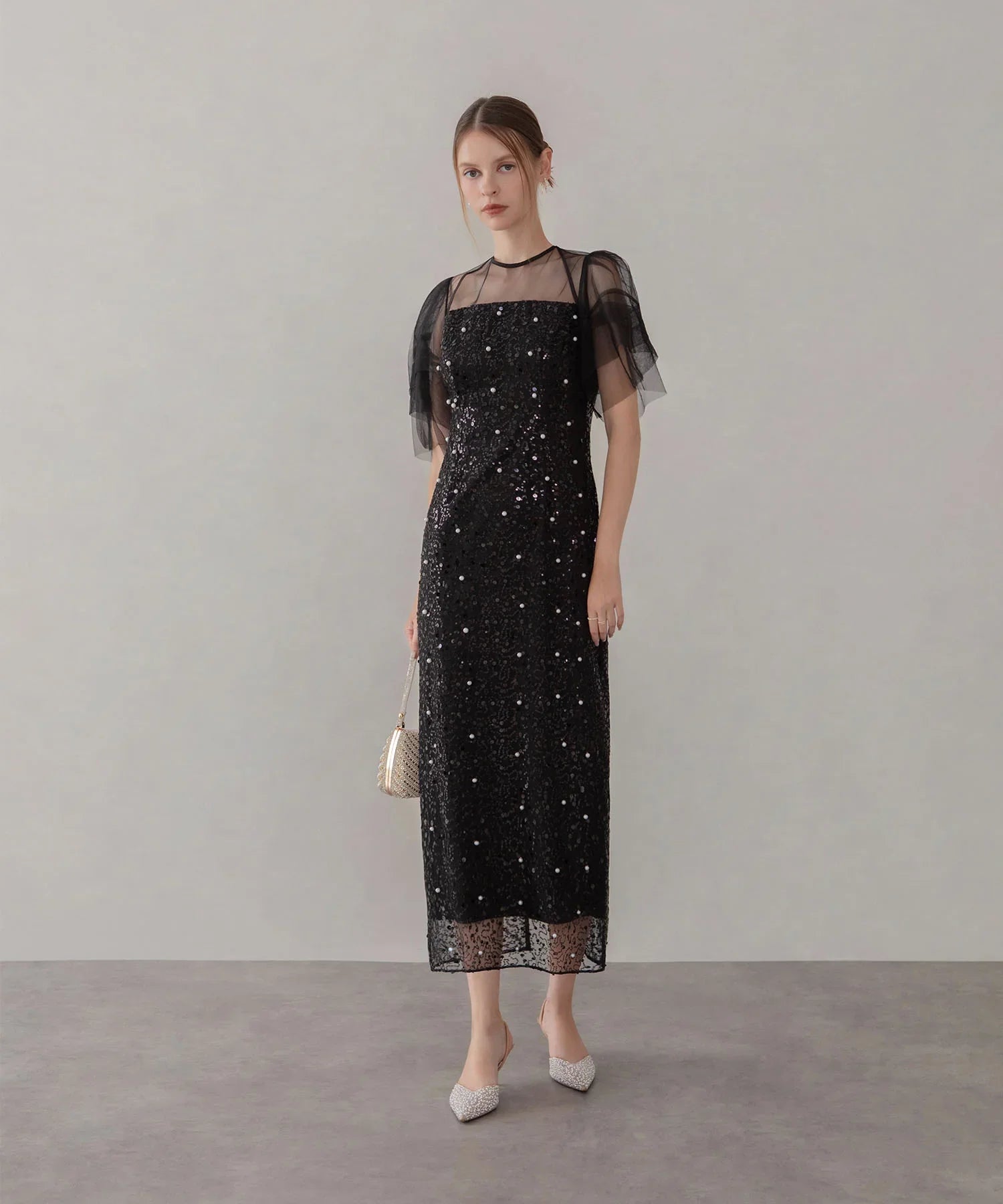 【当日発送】スパンコールパールミックスボレロIラインワンピースドレス