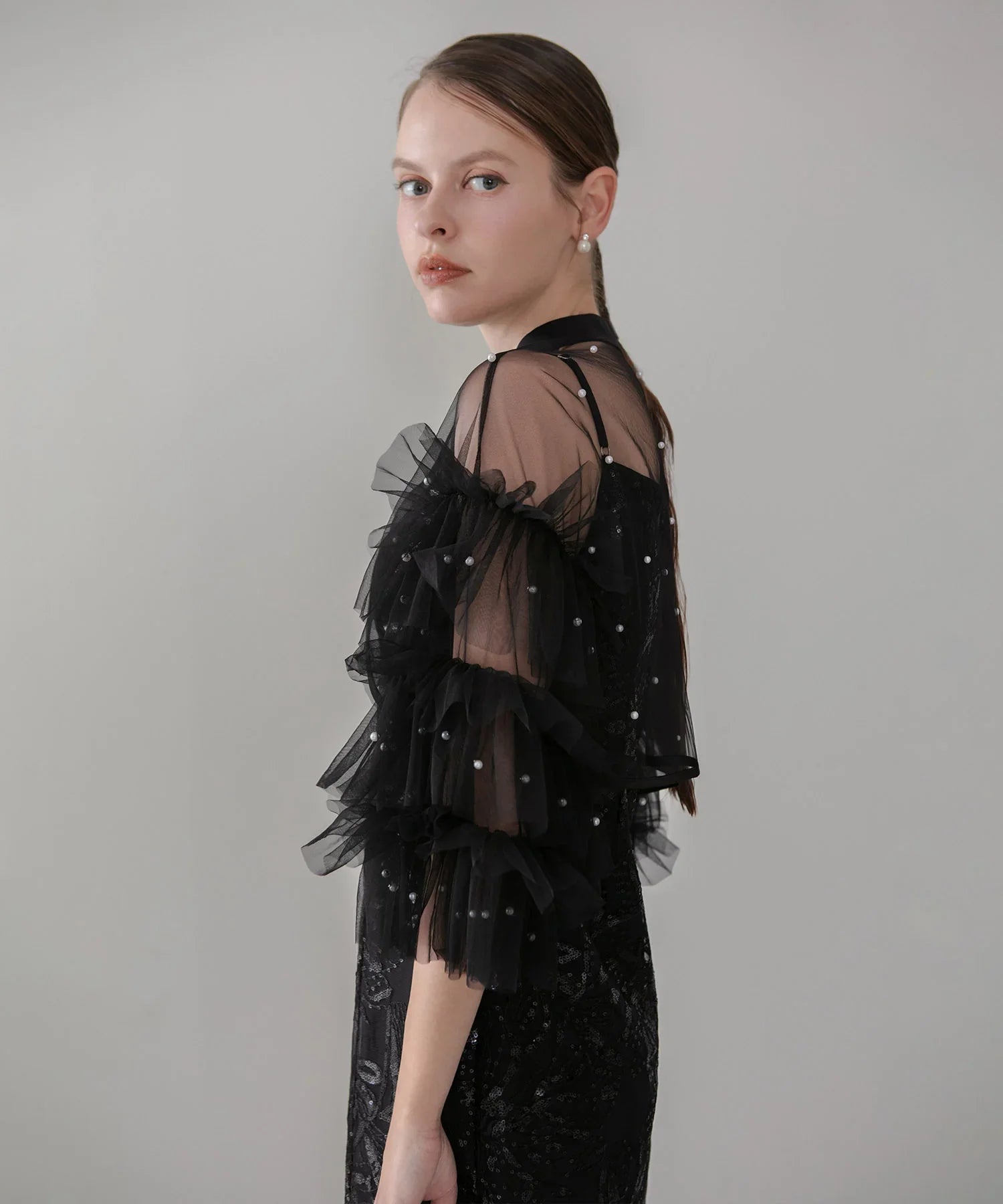 【一部当日発送】パールフリルチュールボレロレイヤードIラインワンピースドレス