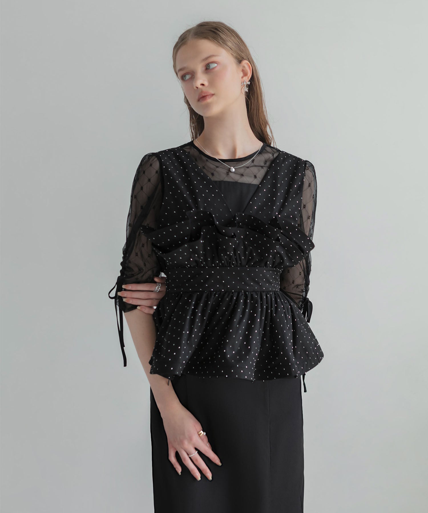 【新品タグ付】LEJA レジャ ドットストーンペプラムチュールワンピースドレス ドットストーンペプラムチュールワンピースドレス | レジャ(Leja