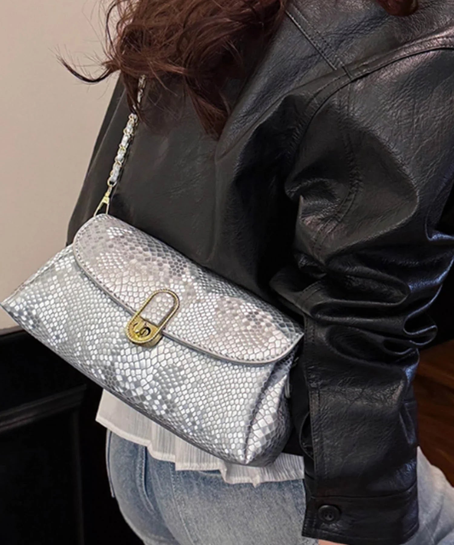 【当日発送】2WAYパイソンゴールドチェーンバッグ