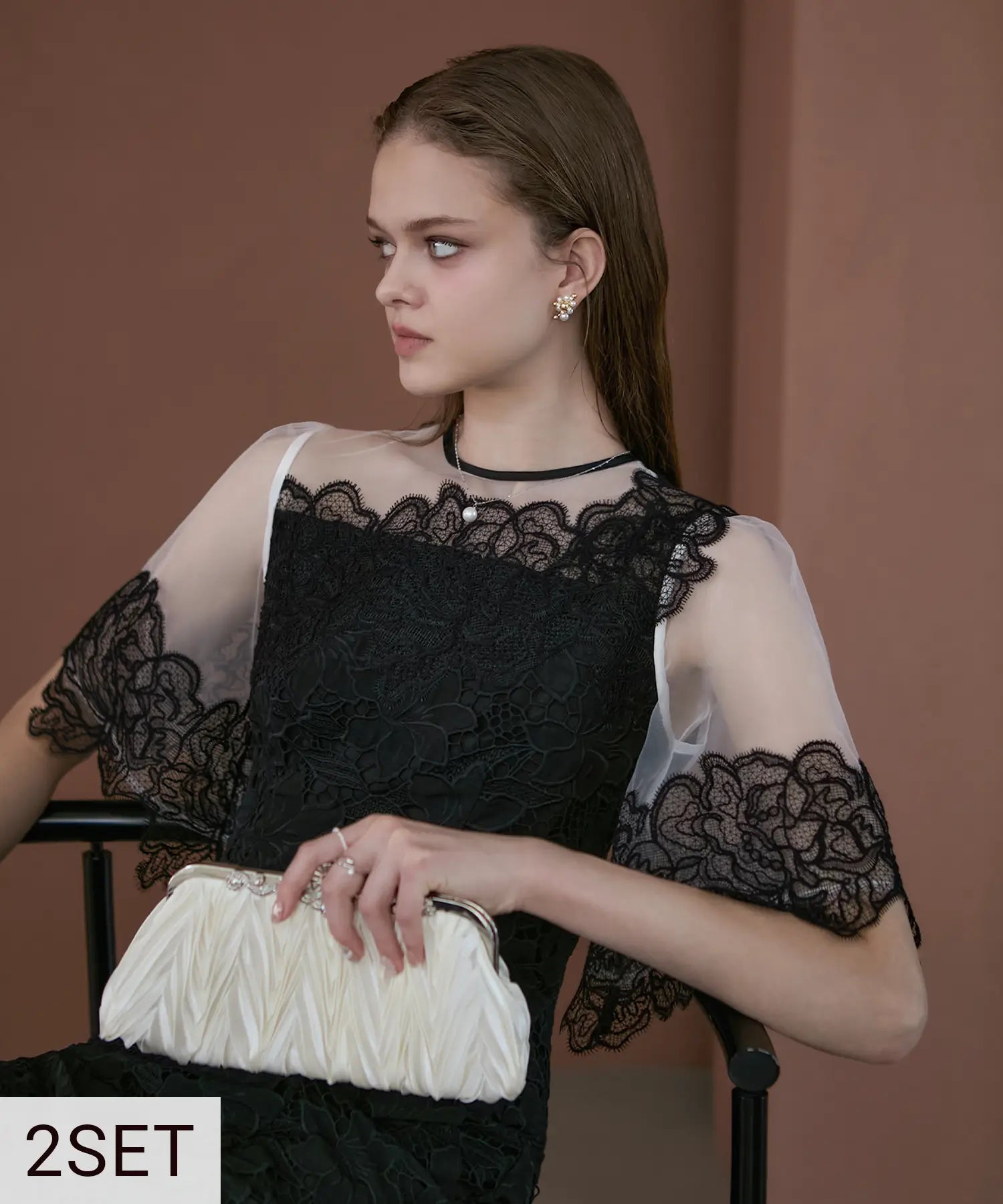 【低身長向け2点セット】シアーレースフラワーIラインドレス+4WAYプリーツパールハンドバッグ