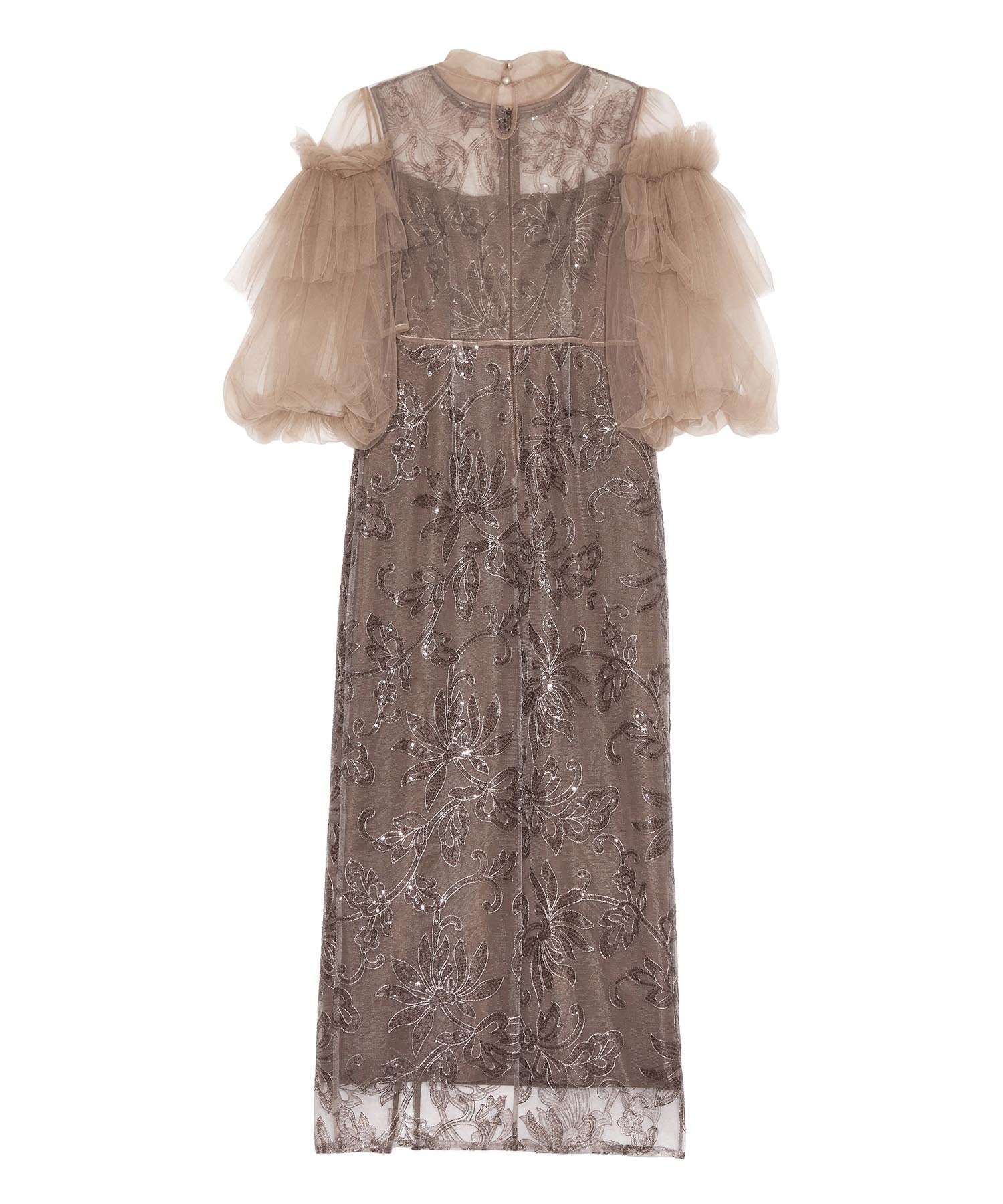 当日発送】フリルチュールスパンコールフローラルIラインワンピースドレス