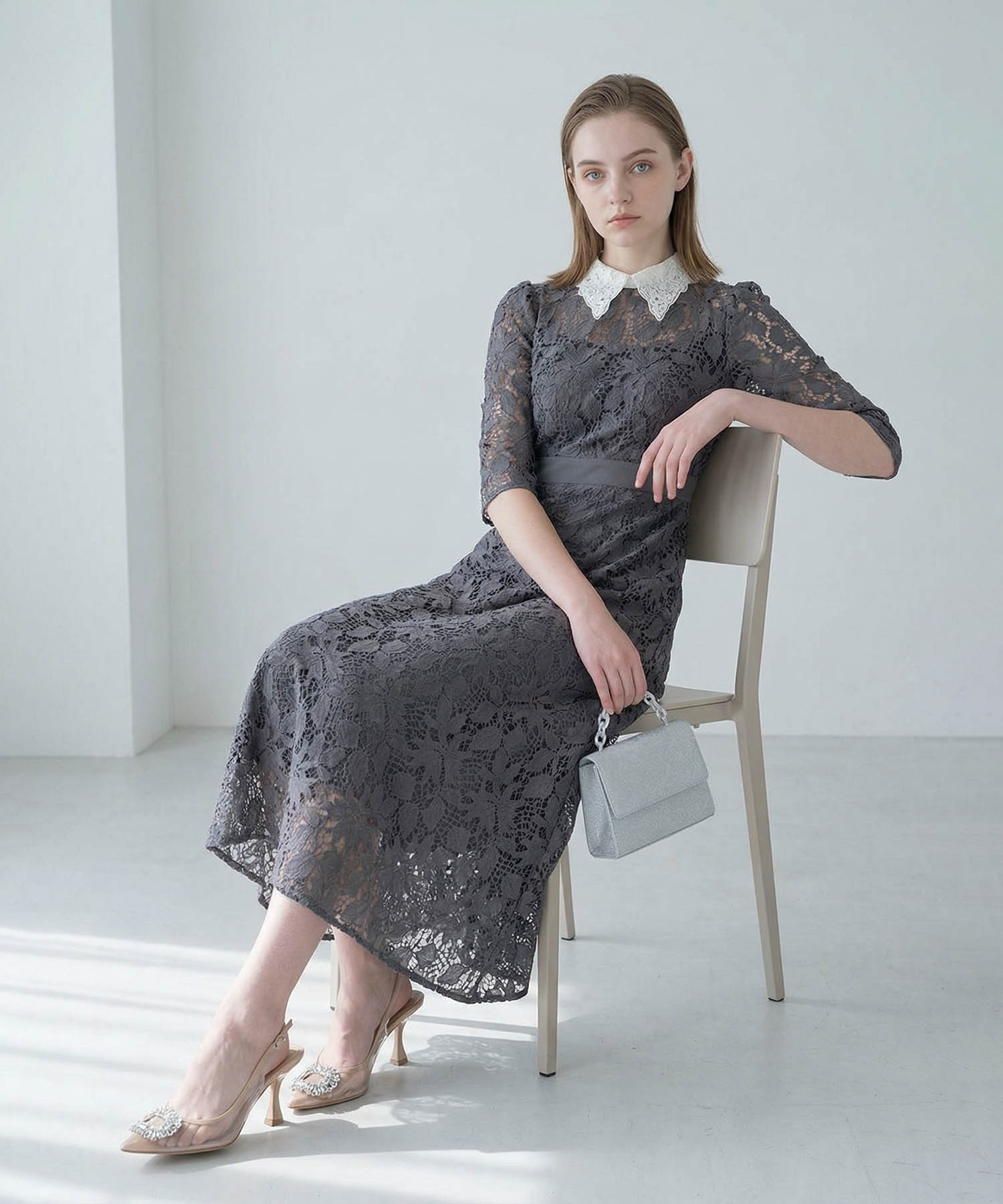 【当日発送】花柄レースビジューカラーAラインワンピースドレス