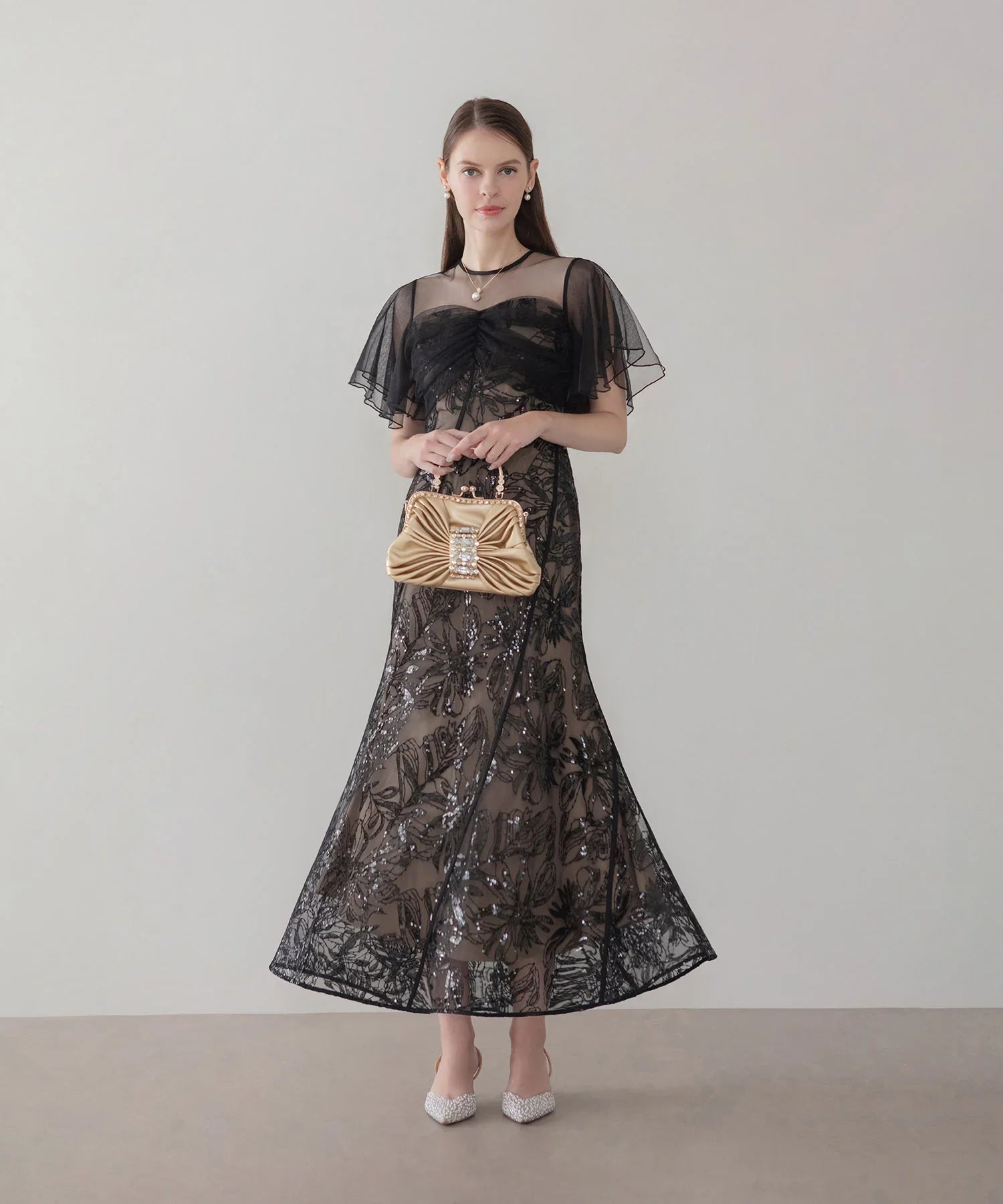 【当日発送】フラワースパンコールチュールフレアスリーブマーメイドワンピースドレス