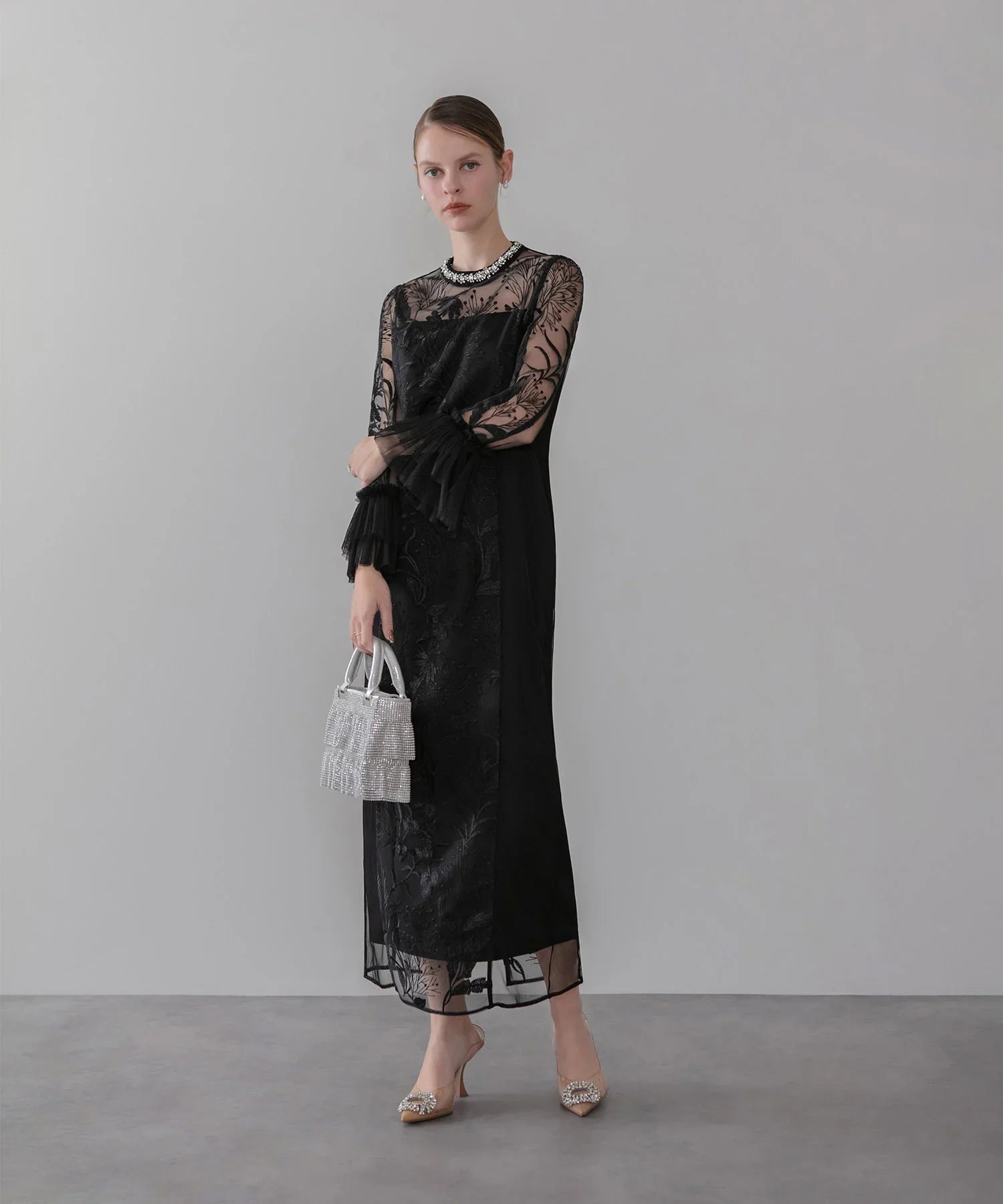 当日発送】フラワーレースジュエルカラーIラインワンピースドレス