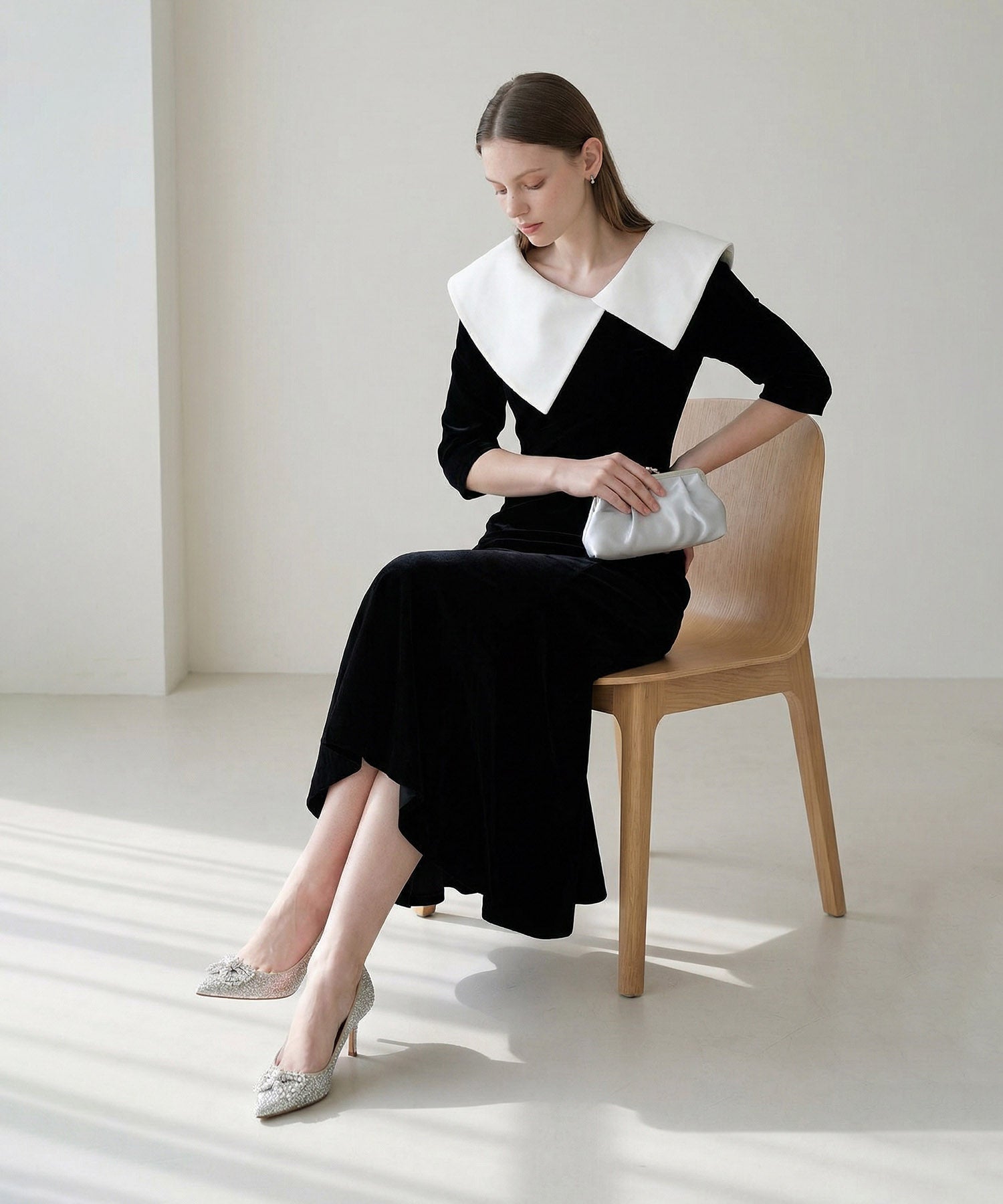 当日発送】アシンメトリービッグカラーベロアマーメイドドレス