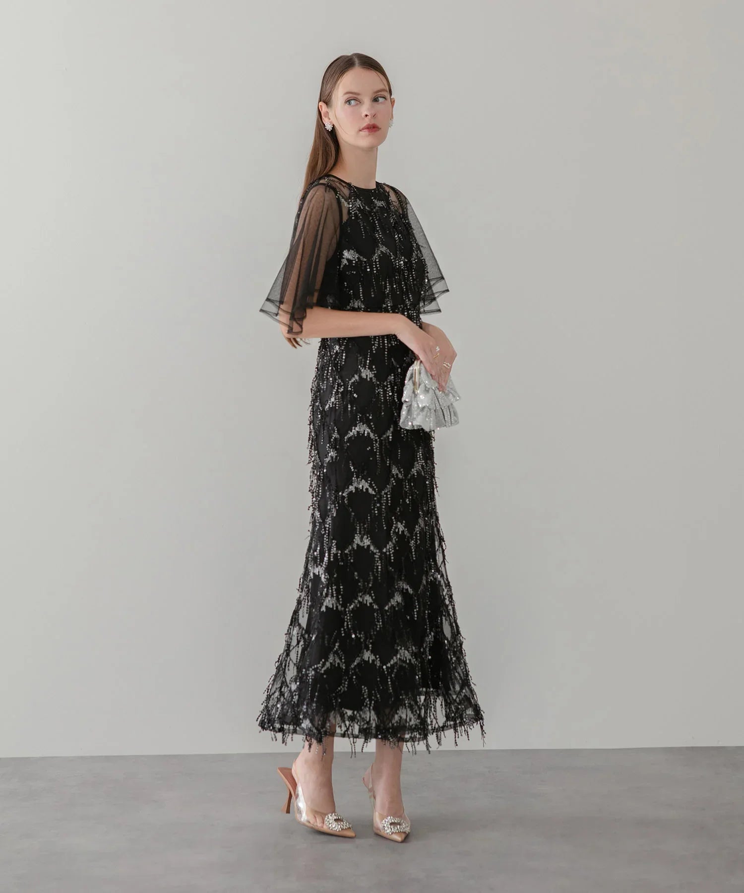 当日発送】チュールスリーブスパンコールマーメイドワンピースドレス