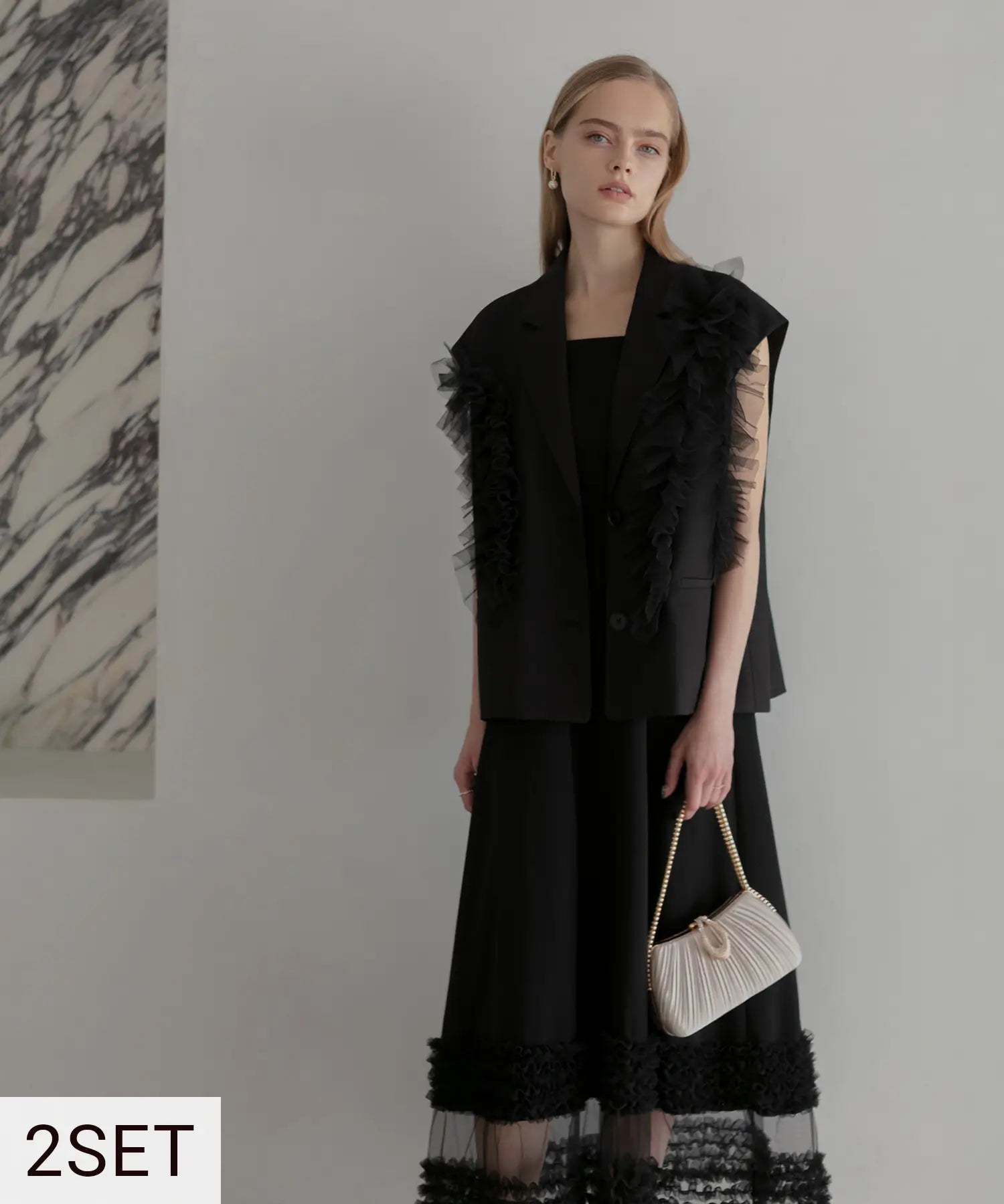 【骨格ナチュラル2点セット】チュールフリルセットアップドレス+2WAYプリーツビジューバッグ