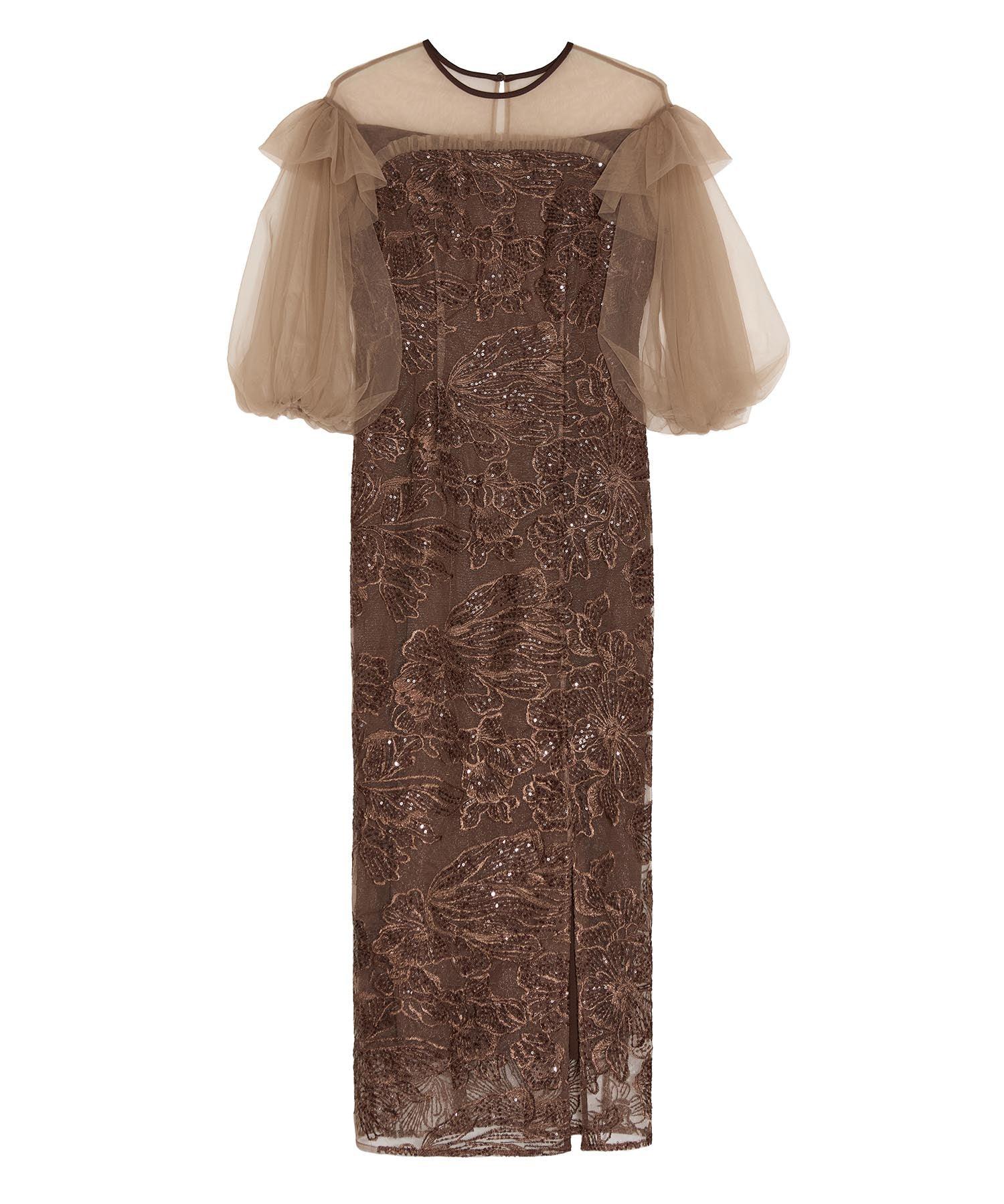 【一部当日発送】フラワースパンコールシアーフリルスリーブIラインワンピースドレス