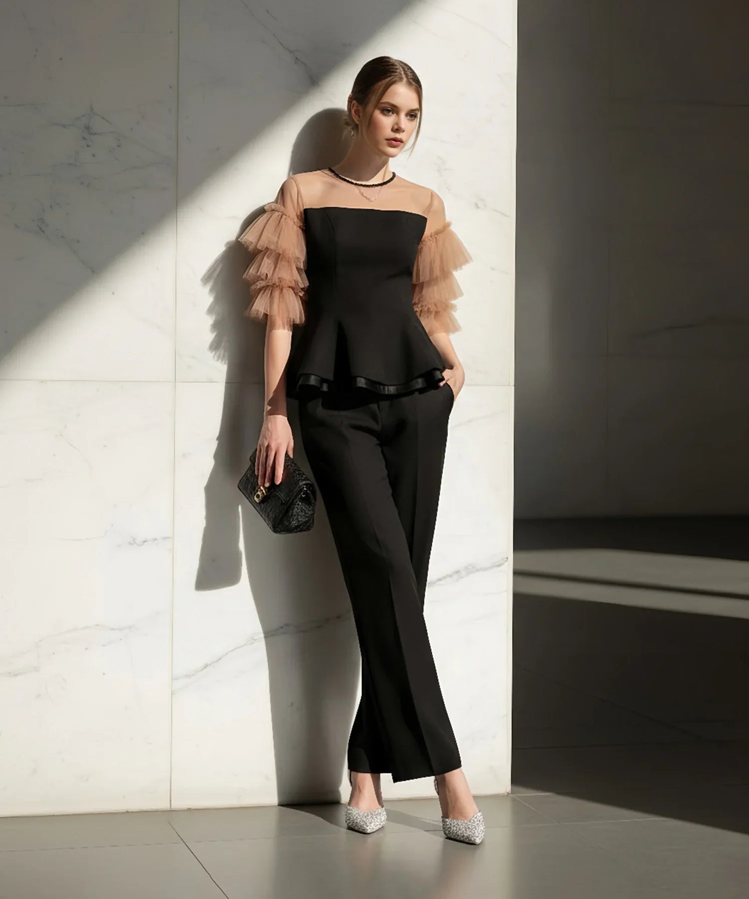 当日発送】チュールスリーブペプラムセットアップパンツドレス