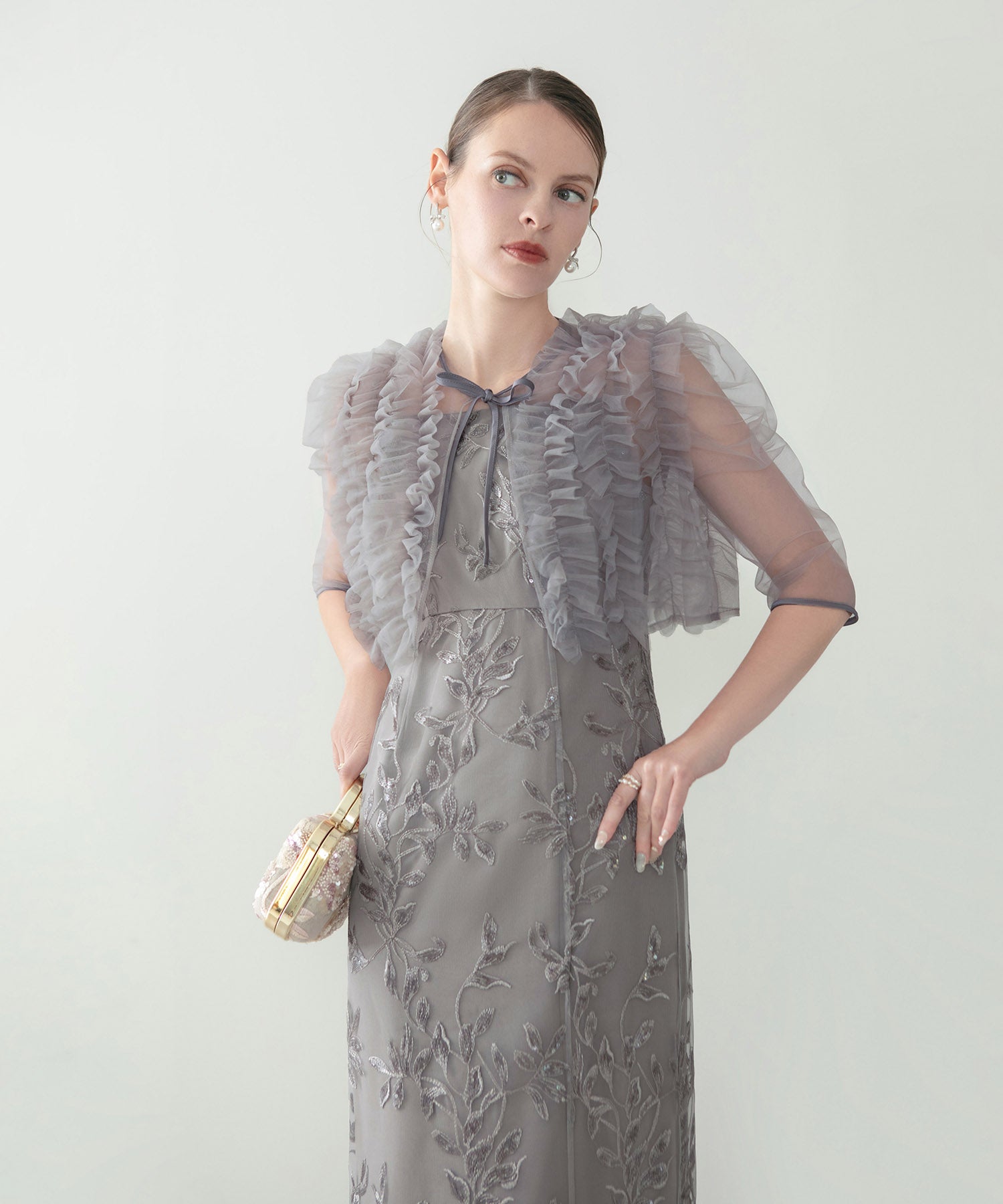 【当日発送】チュールフリルボレロフラワースパンコールＩラインワンピースドレス