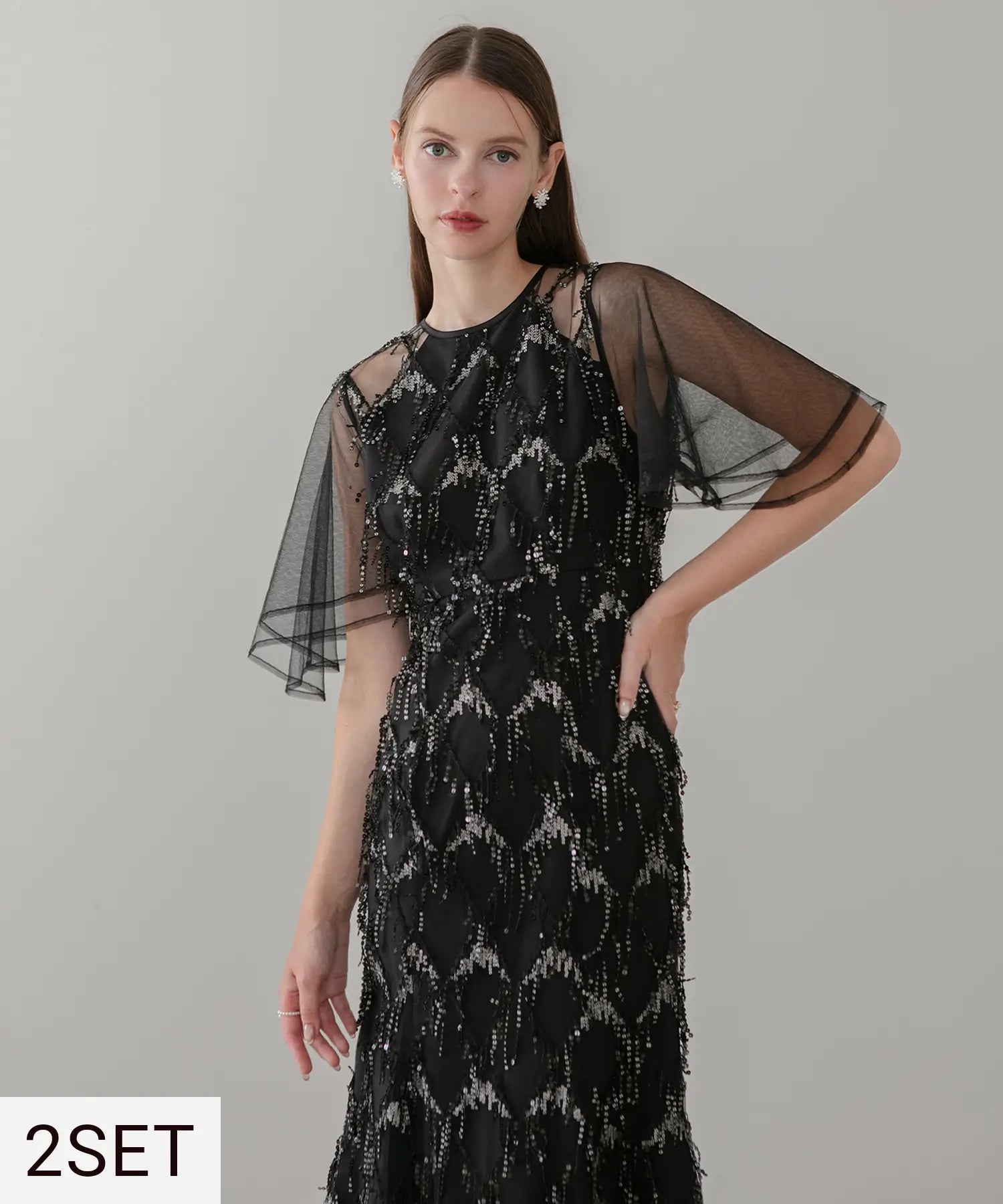 【骨格ストレート2点セット】チュールスリーブスパンコールマーメイドレス+2WAYグリッターバッグ