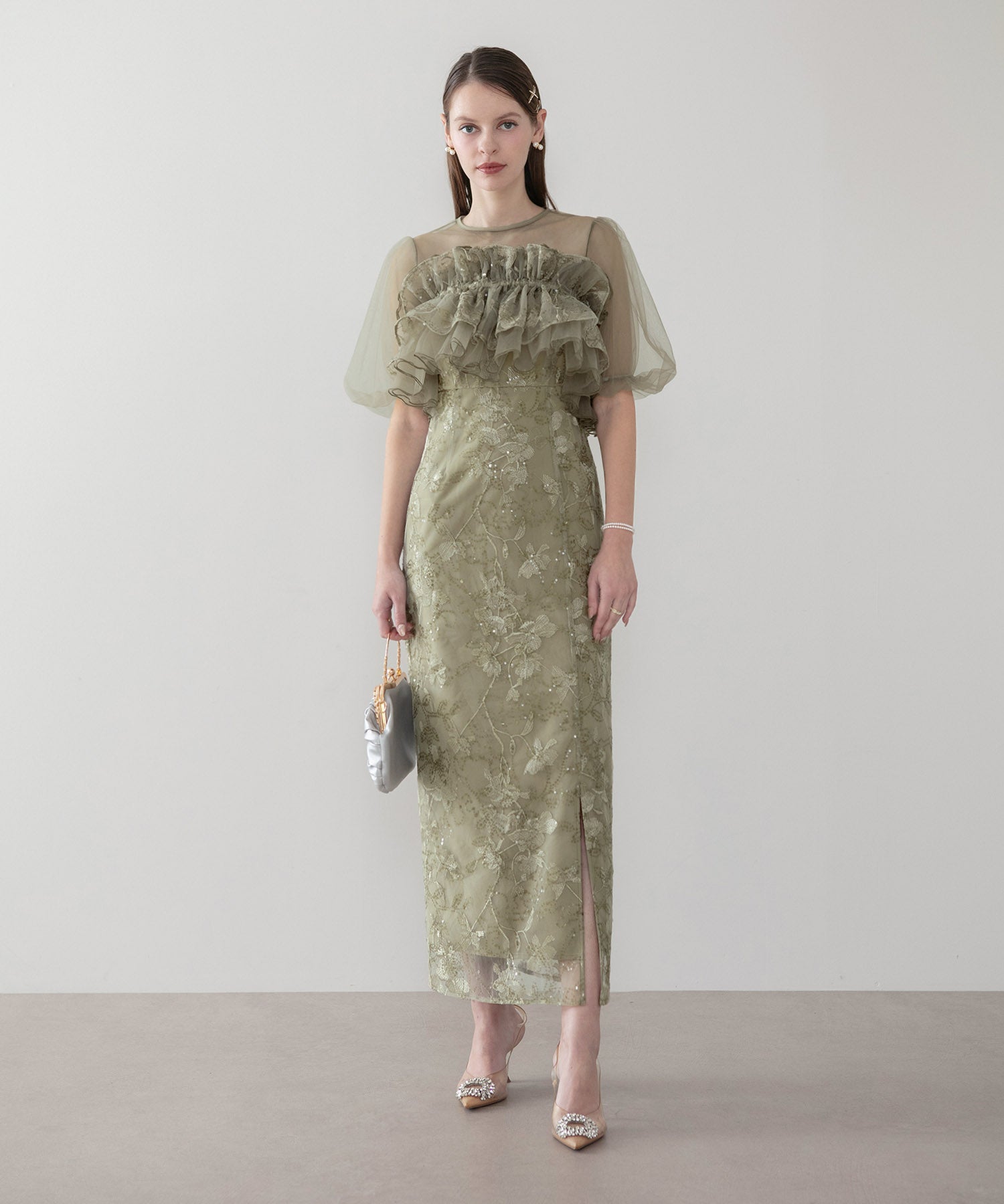 【一部当日発送】3WAYチュールラッフルフラワースパンコールIラインワンピースドレス