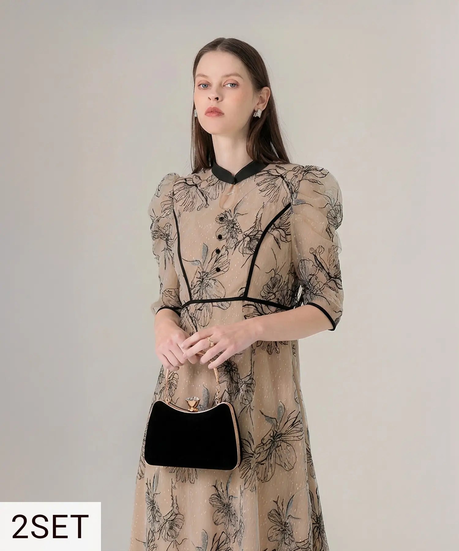 【体型カバー2点セット】パイピング花柄ラメレースドレス+クリスタルベロア3WAYハンドバッグ