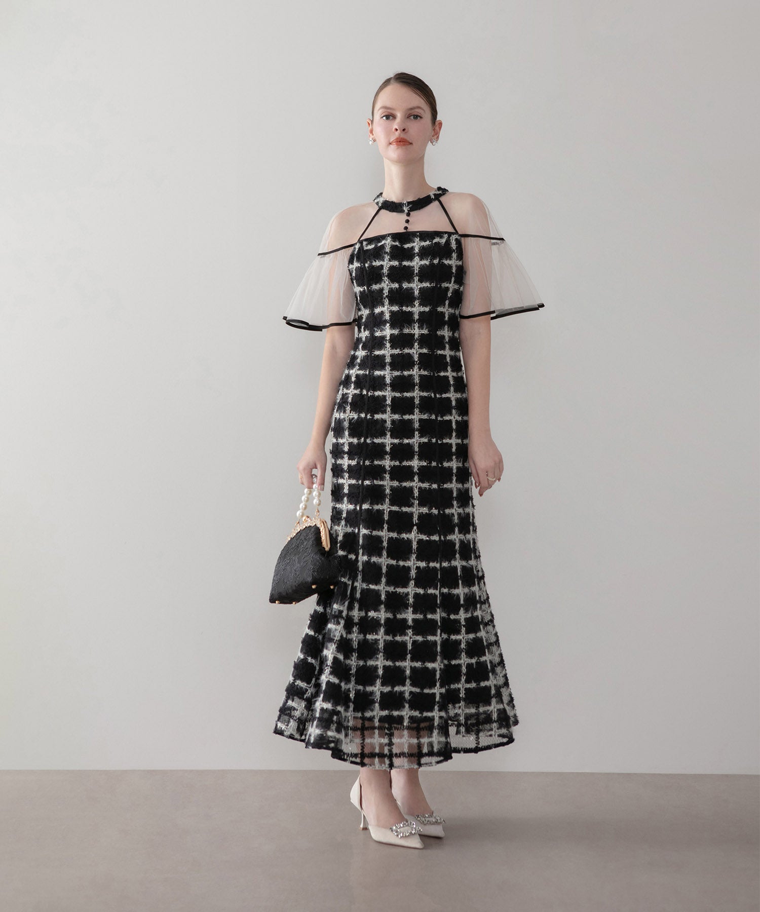 【当日発送】ラメシャギーツイードチェックフリルマーメイドワンピースドレス