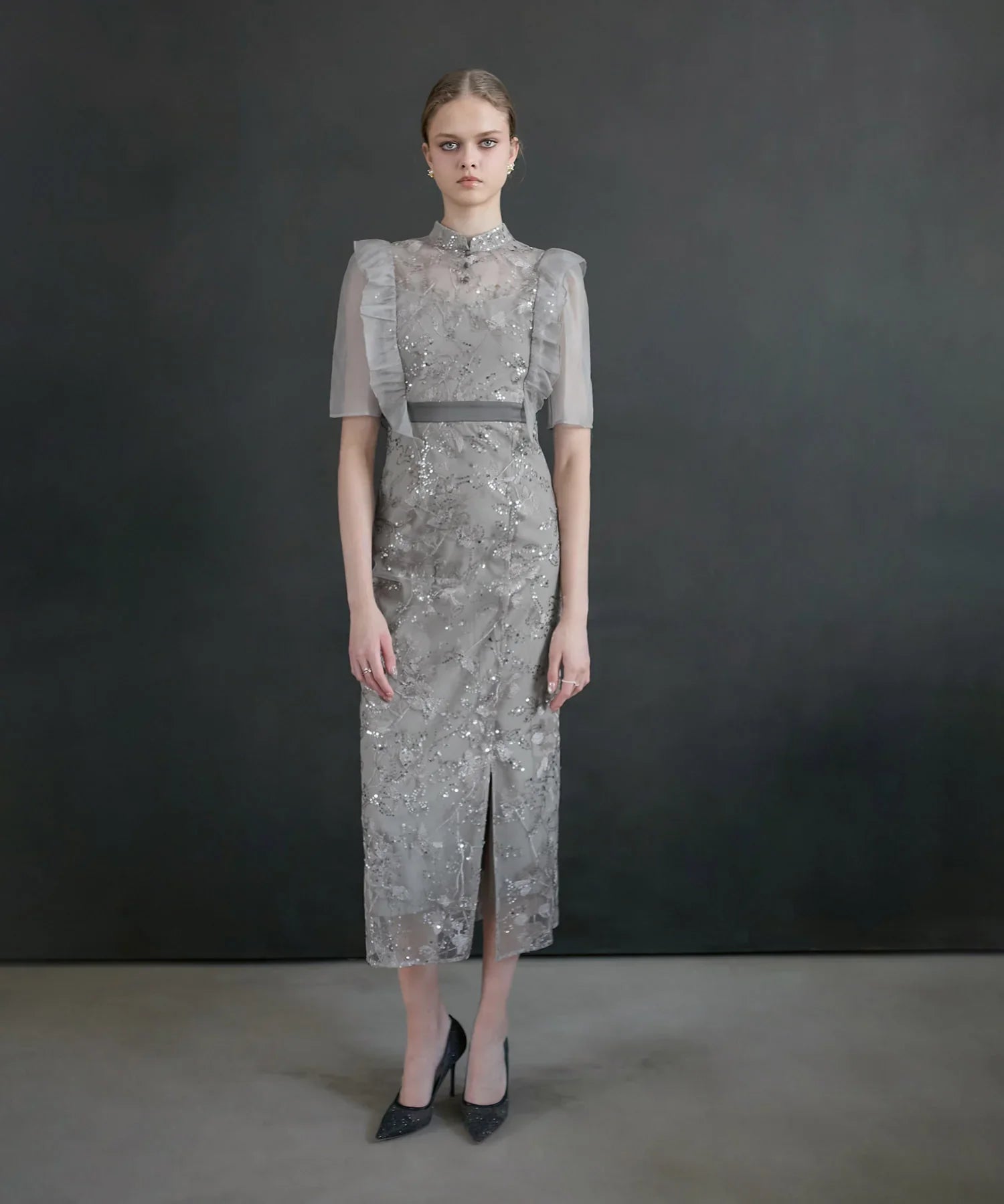 【当日発送】フラワースパンコールシアーフリルIラインワンピースドレス