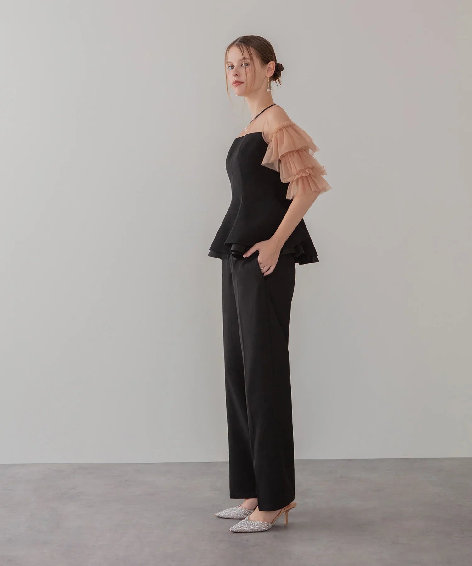 【当日発送】チュールスリーブペプラムセットアップパンツドレス