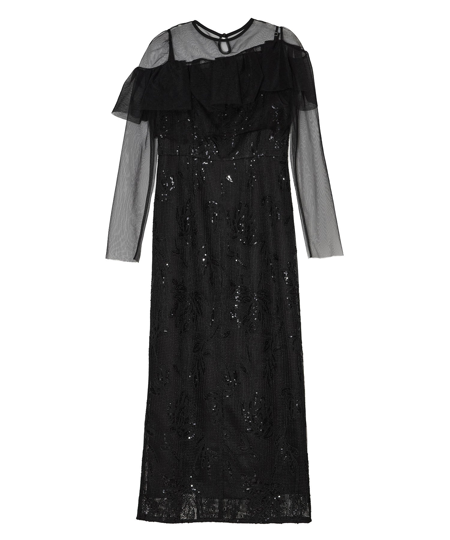 【当日発送】2WAYアシンメトリーフリルチュールフラワーIラインワンピースドレス