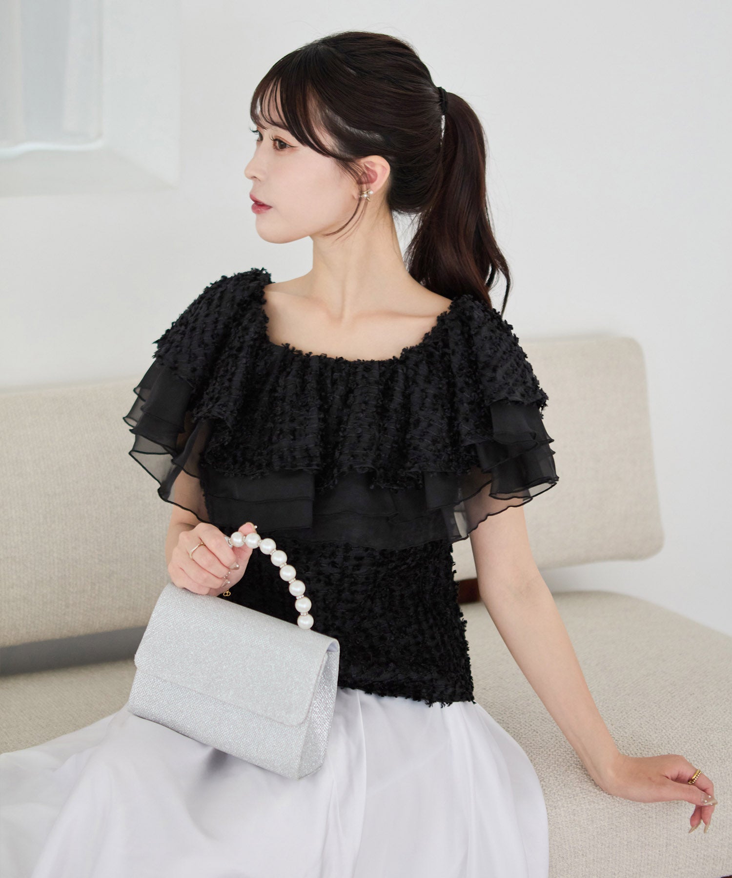 【COMING SOON】3WAYオフショルフリンジシアーレイヤードトップス