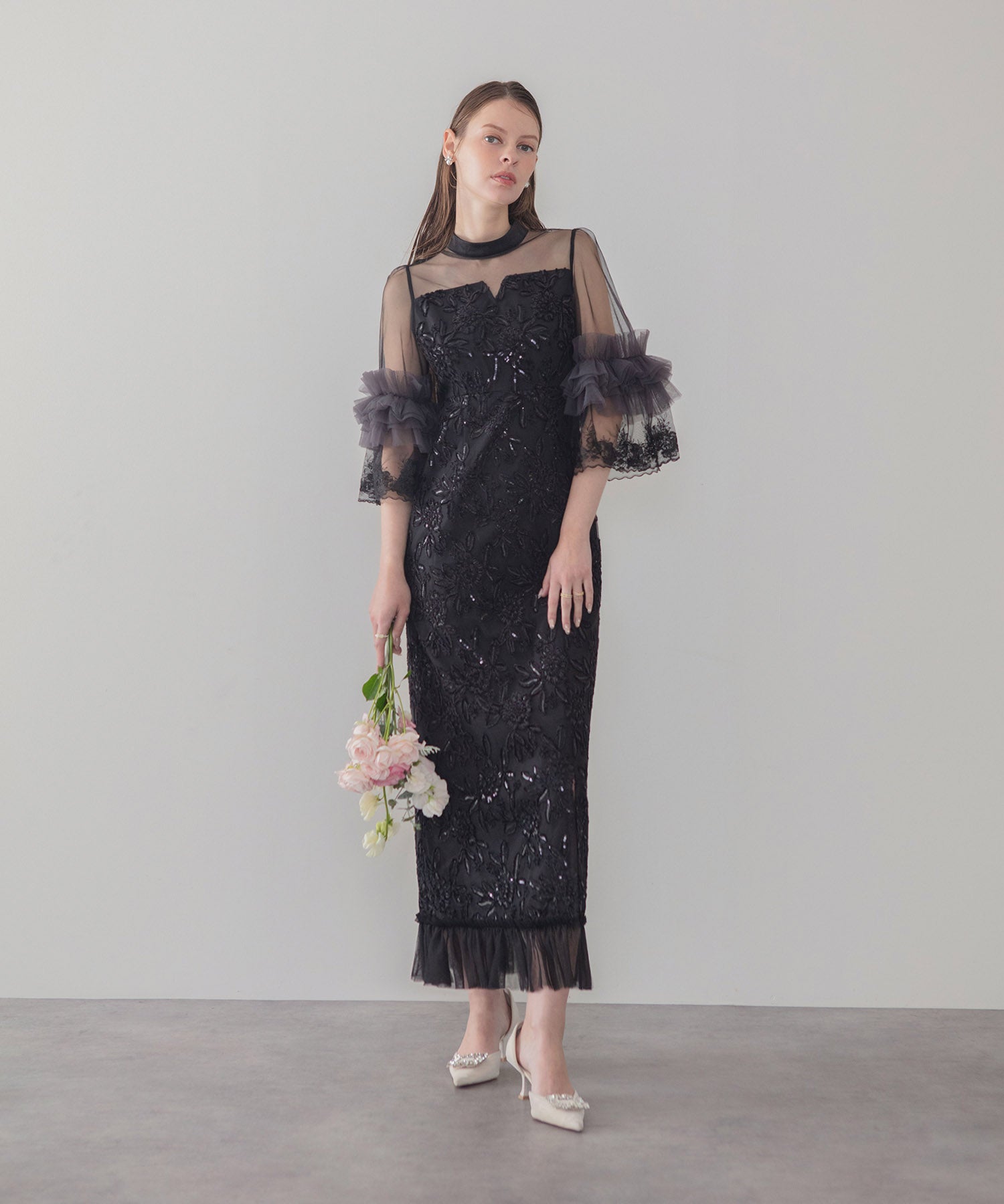 【COMING SOON】シアーチュールフラワーレースIラインワンピースドレス