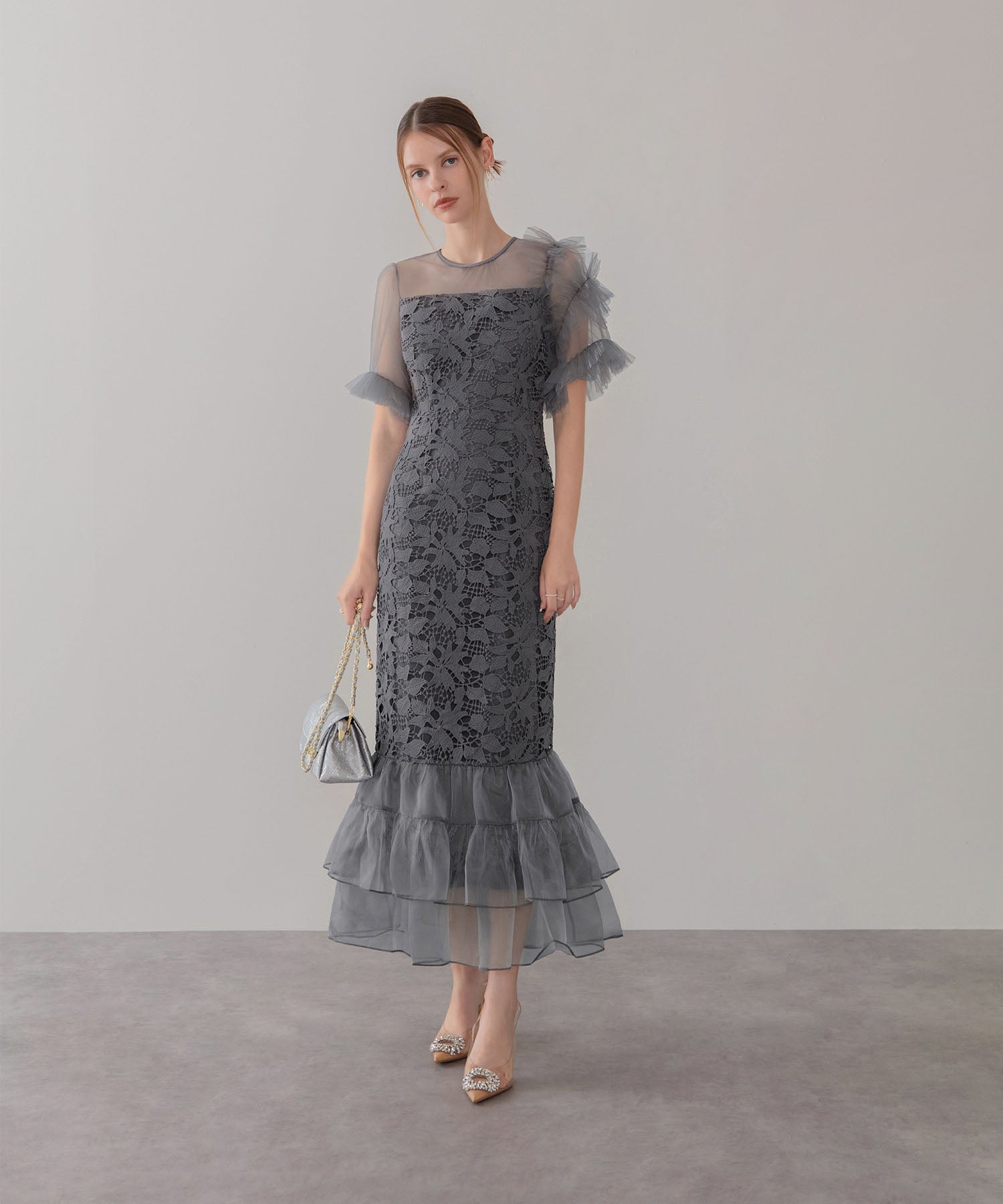 【一部当日発送】アシンメトリーチュールスリーブレースフリルヘムIラインワンピースドレス